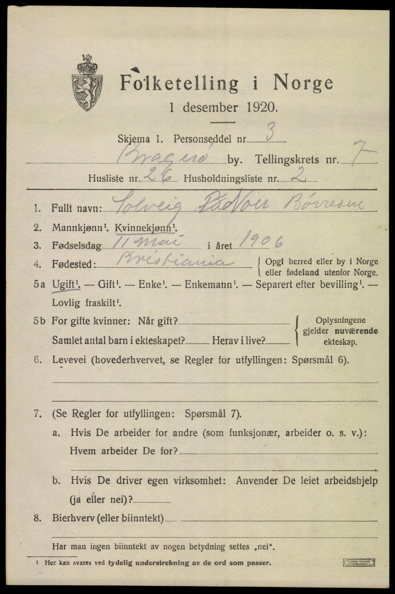 SAKO, Folketelling 1920 for 0801 Kragerø kjøpstad, 1920, s. 9989