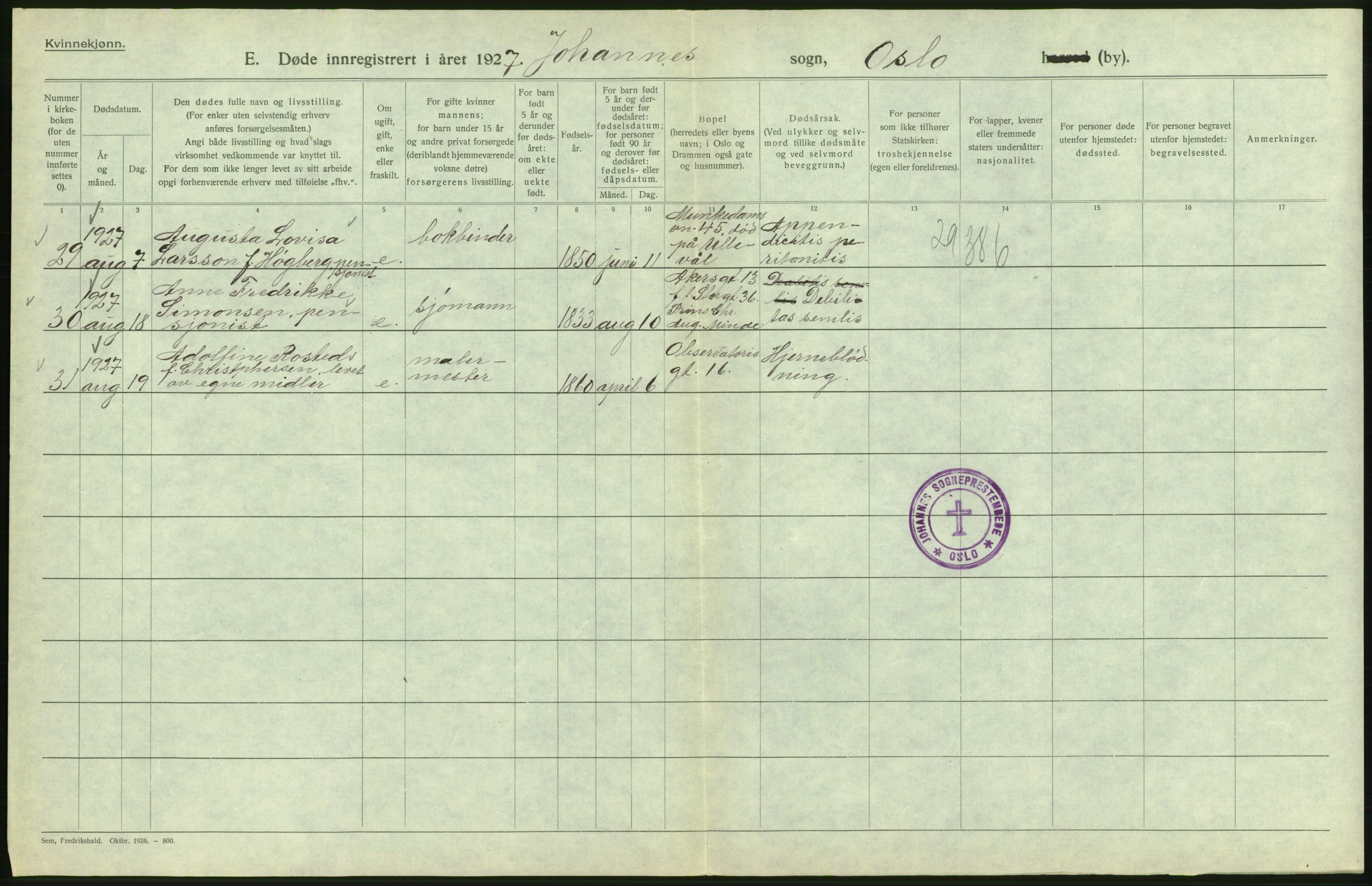 Statistisk sentralbyrå, Sosiodemografiske emner, Befolkning, AV/RA-S-2228/D/Df/Dfc/Dfcg/L0010: Oslo: Døde kvinner, dødfødte, 1927, s. 230