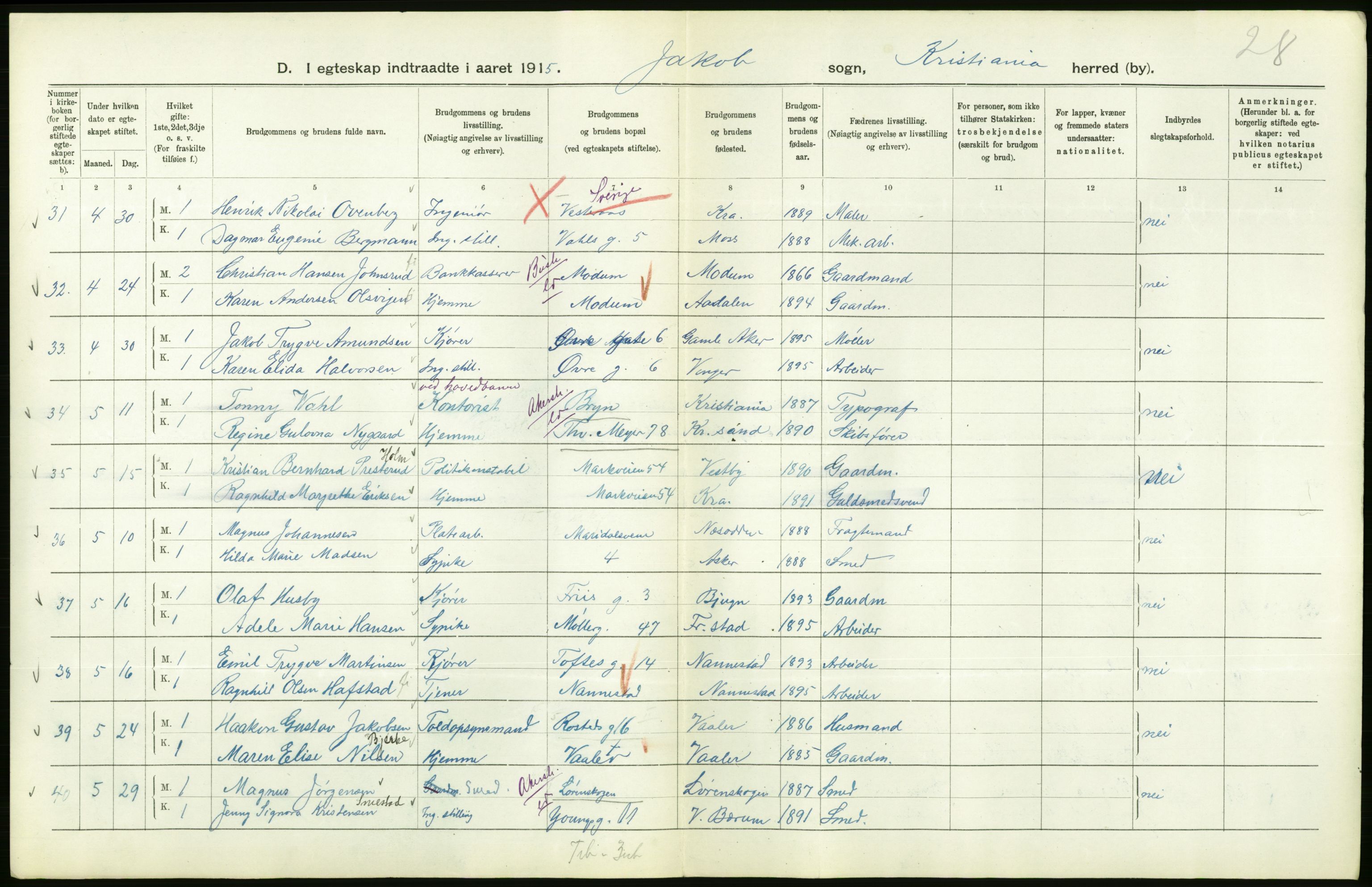 Statistisk sentralbyrå, Sosiodemografiske emner, Befolkning, RA/S-2228/D/Df/Dfb/Dfbe/L0008: Kristiania: Gifte., 1915, s. 592