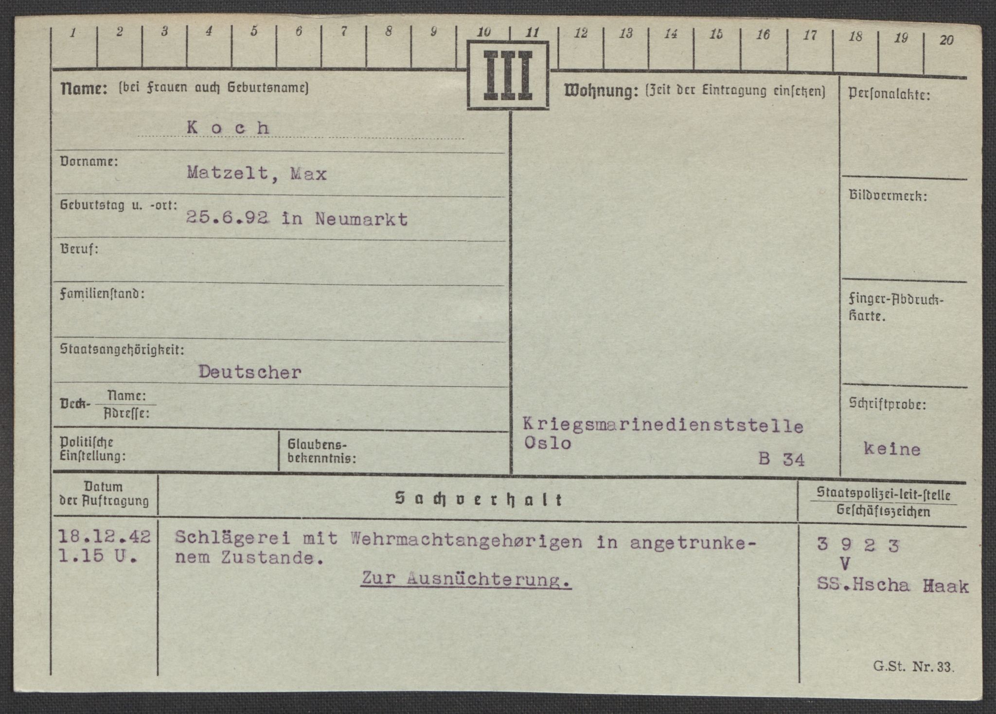 Befehlshaber der Sicherheitspolizei und des SD, RA/RAFA-5969/E/Ea/Eaa/L0006: Register over norske fanger i Møllergata 19: Kj-Lund, 1940-1945, s. 222