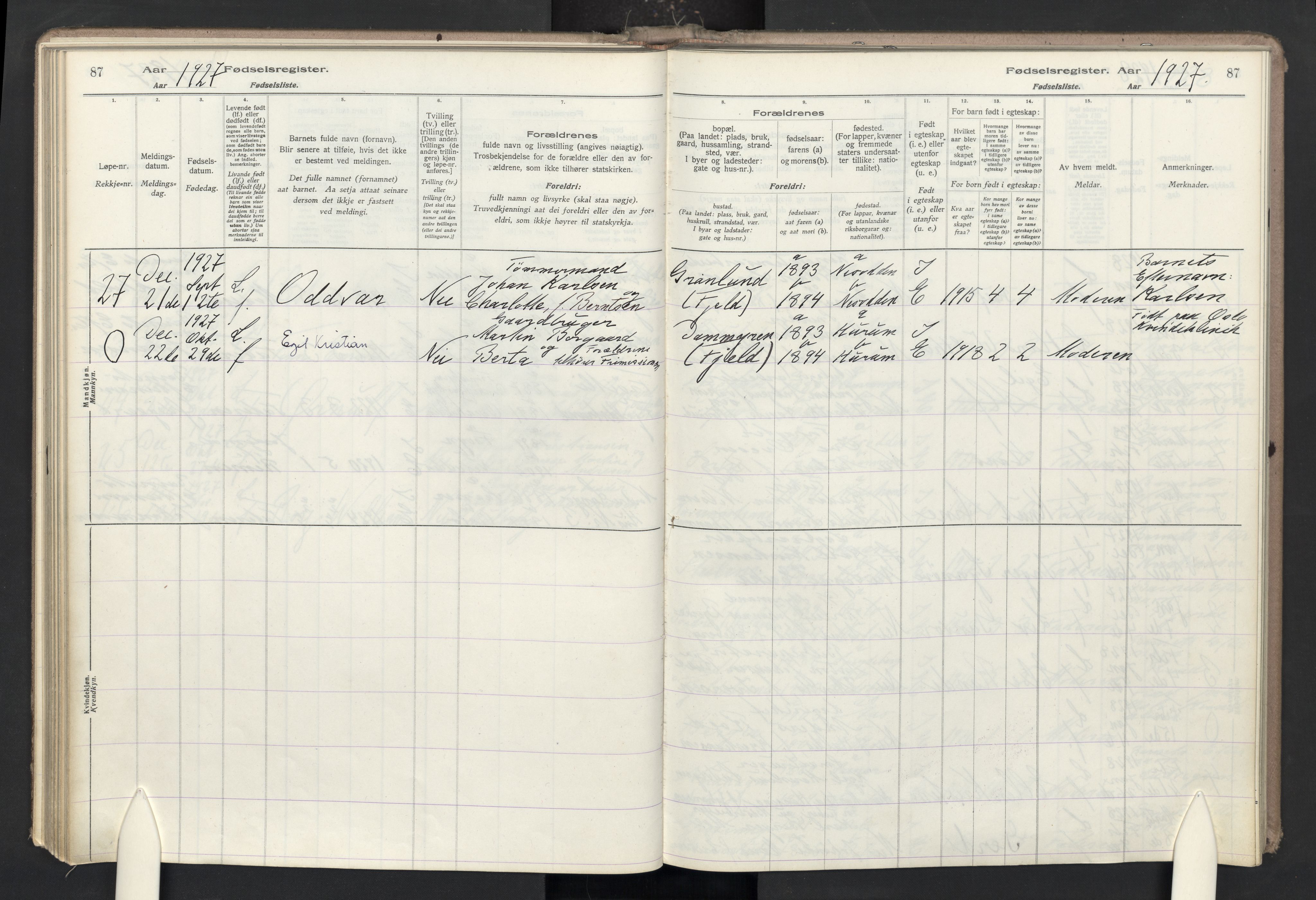 Nesodden prestekontor Kirkebøker, AV/SAO-A-10013/J/Ja/L0001: Fødselsregister nr. I 1, 1916-1946, s. 87