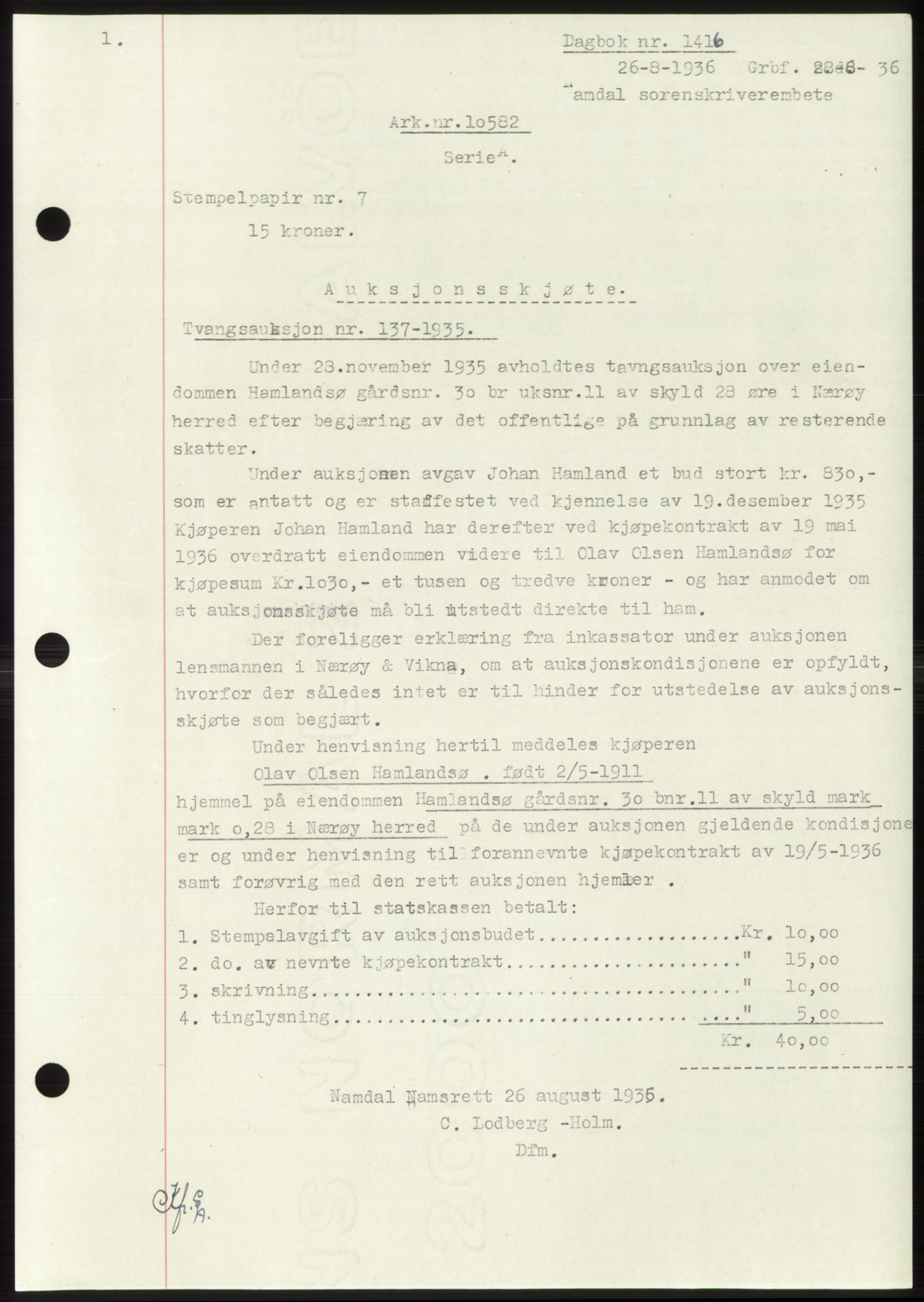 Namdal sorenskriveri, AV/SAT-A-4133/1/2/2C: Pantebok nr. -, 1935-1936, Tingl.dato: 26.08.1936