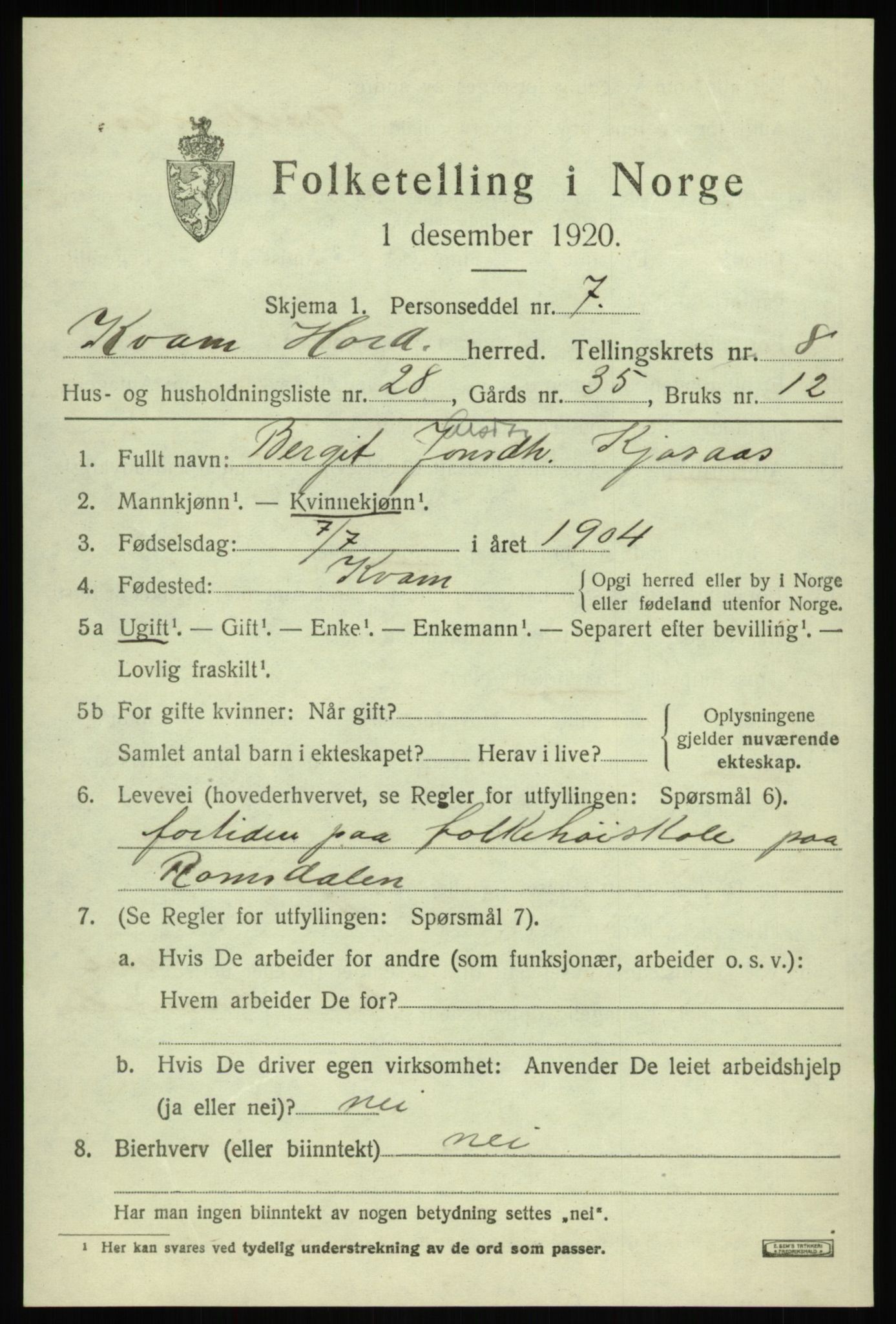 SAB, Folketelling 1920 for 1238 Kvam herred, 1920, s. 5405