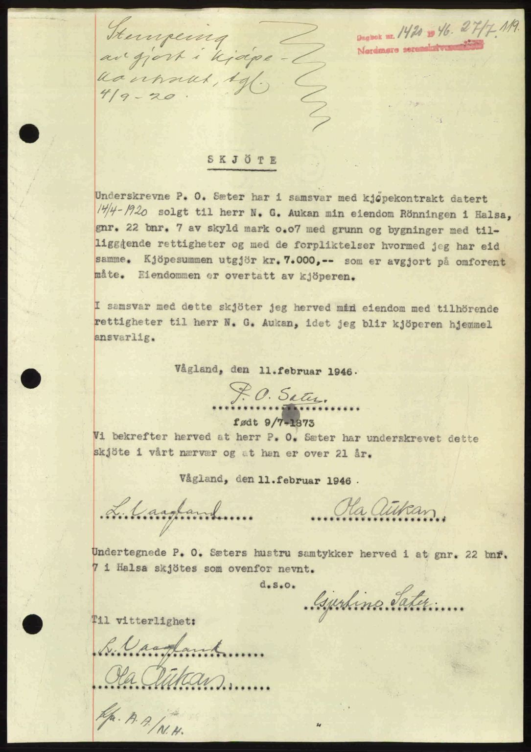Nordmøre sorenskriveri, SAT/A-4132/1/2/2Ca: Pantebok nr. A102, 1946-1946, Dagboknr: 1420/1946