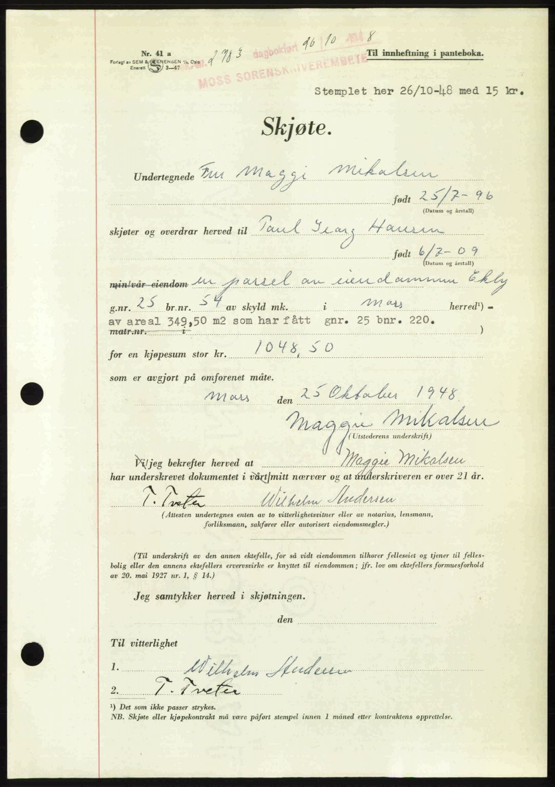 Moss sorenskriveri, SAO/A-10168: Pantebok nr. A20, 1948-1948, Dagboknr: 2783/1948