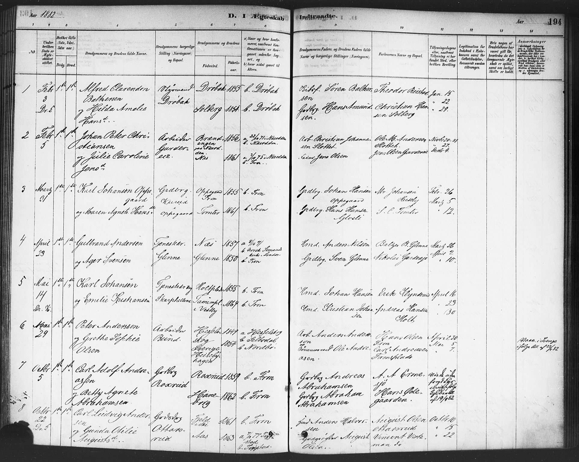 Drøbak prestekontor Kirkebøker, AV/SAO-A-10142a/F/Fc/L0002: Ministerialbok nr. III 2, 1878-1891, s. 194