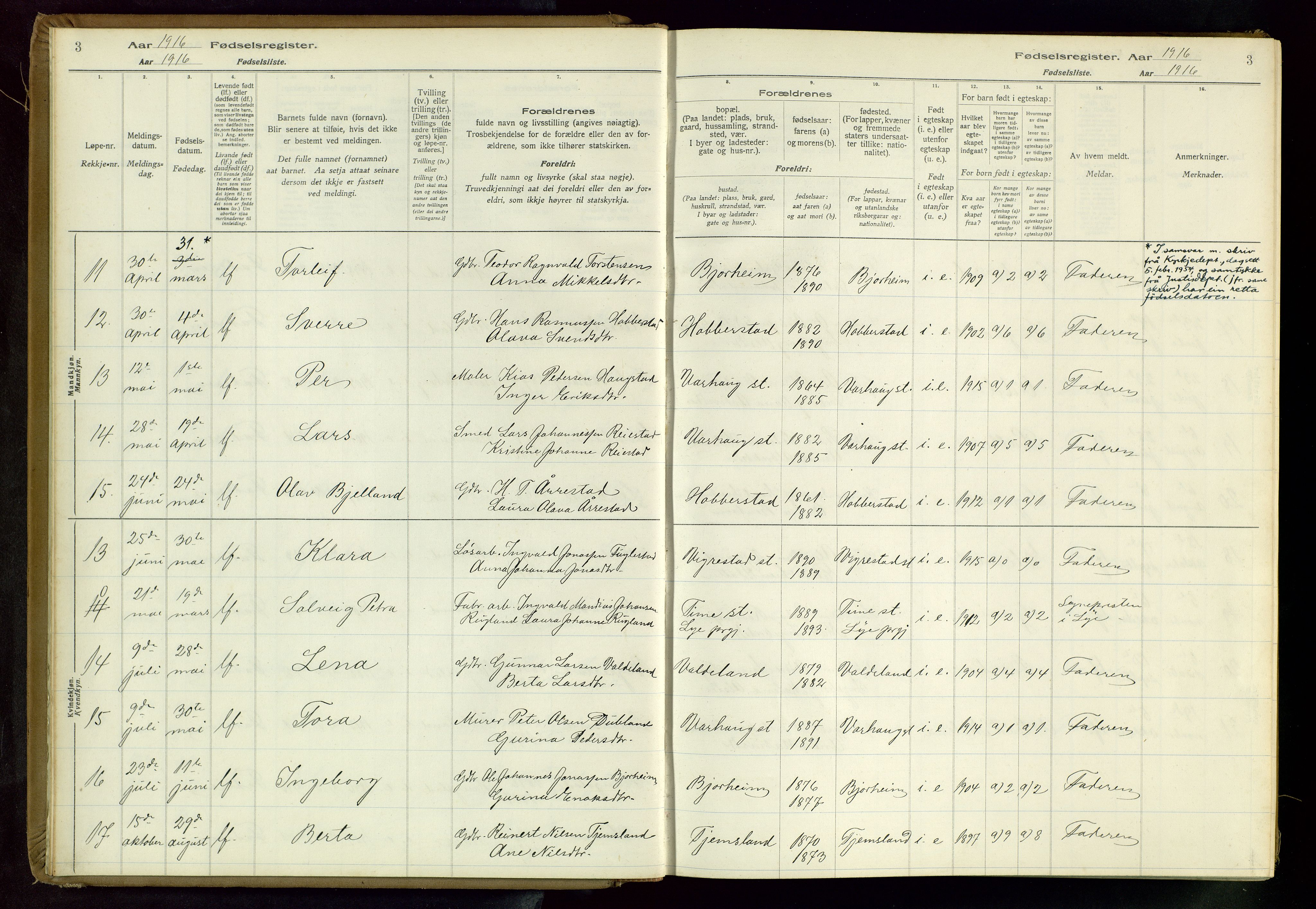 Hå sokneprestkontor, AV/SAST-A-101801/001/704BA/L0001: Fødselsregister nr. 1, 1916-1944, s. 3
