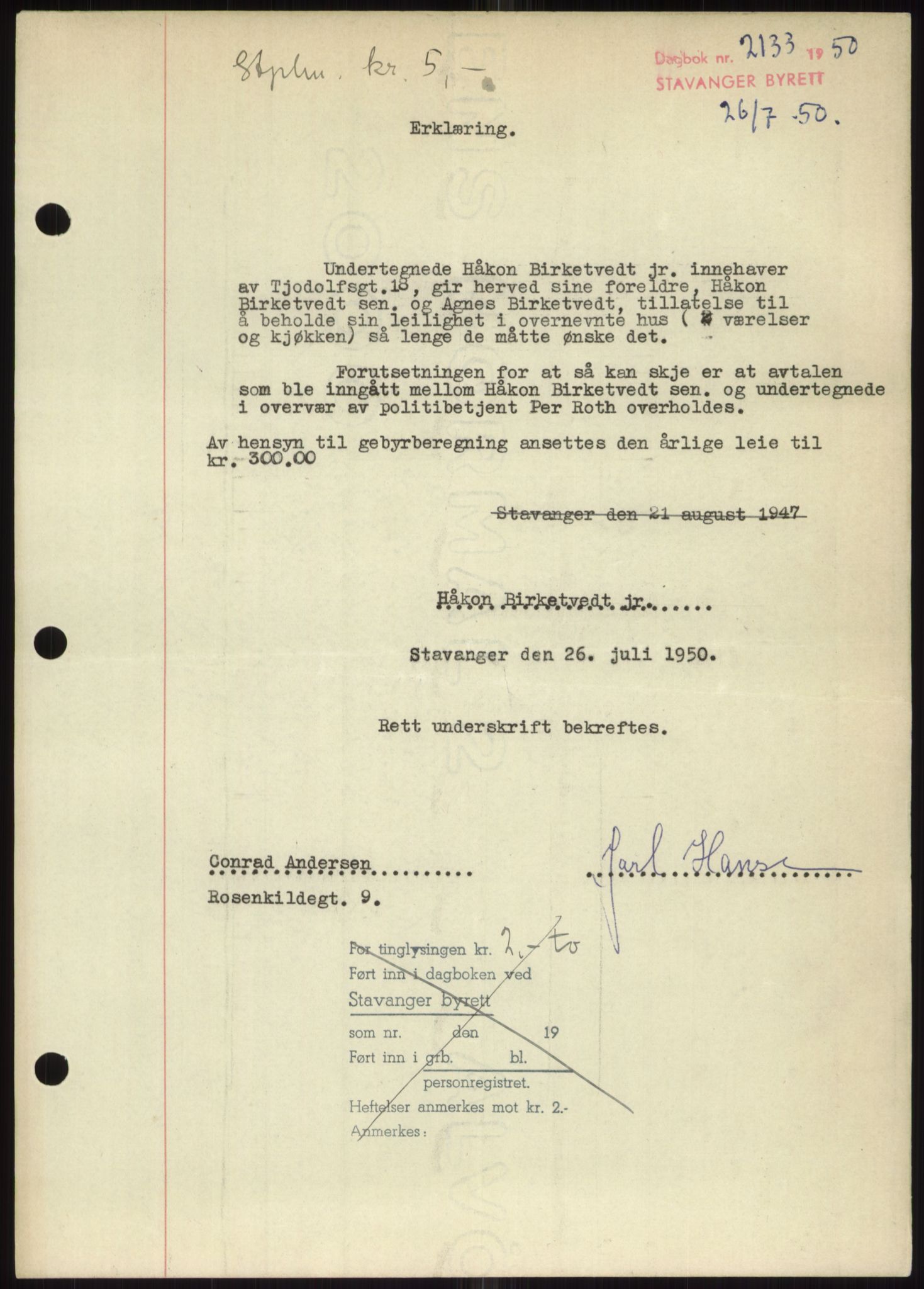 Stavanger byrett, SAST/A-100455/002/G/Gb/L0032: Pantebok, 1947-1950, Dagboknr: 2133/1950