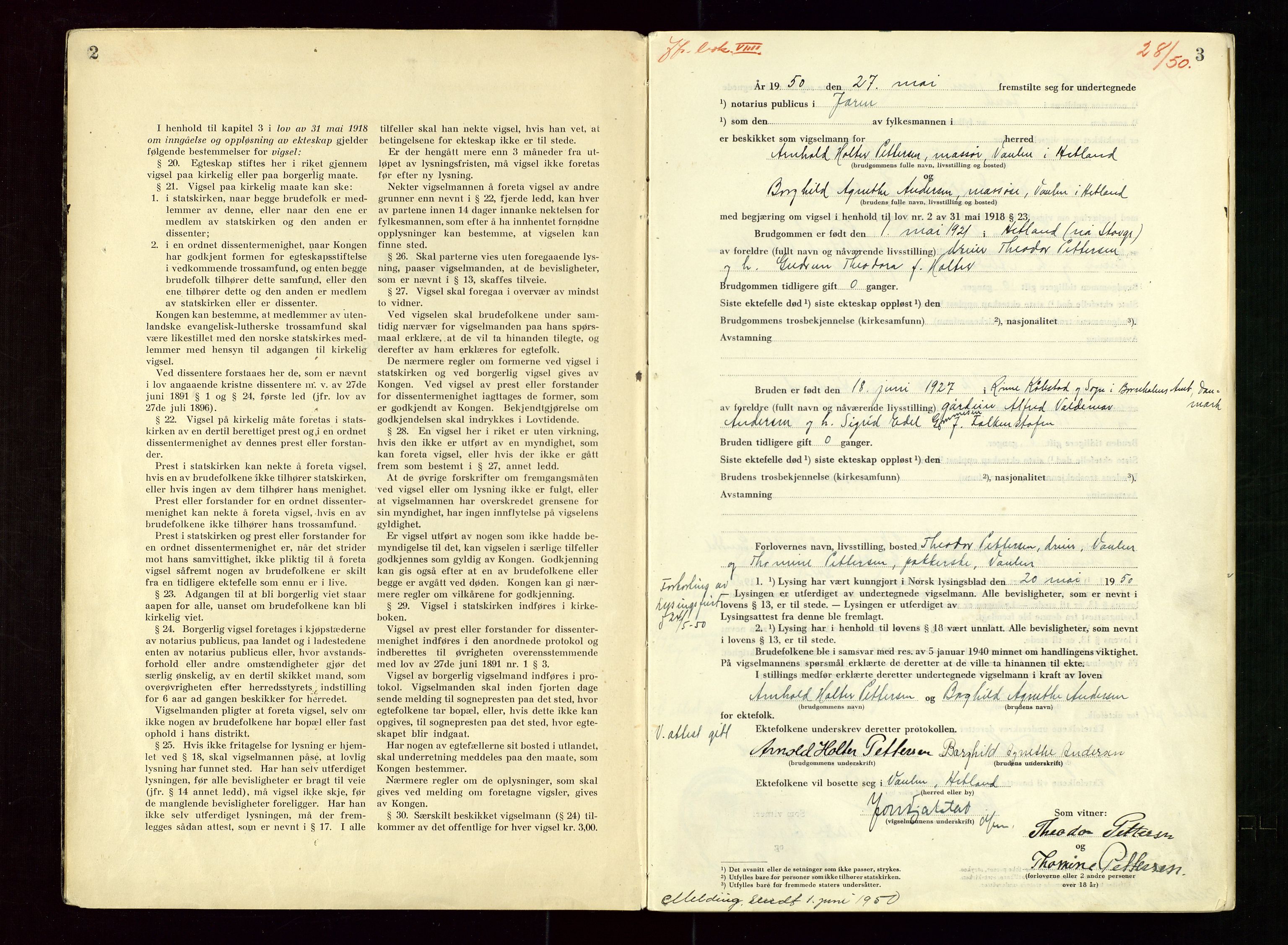 Sandnes sorenskriveri, AV/SAST-A-100312/02/I/Id/L0002: Vigsel (Vigselsbok), 1950-1958, s. 2-3