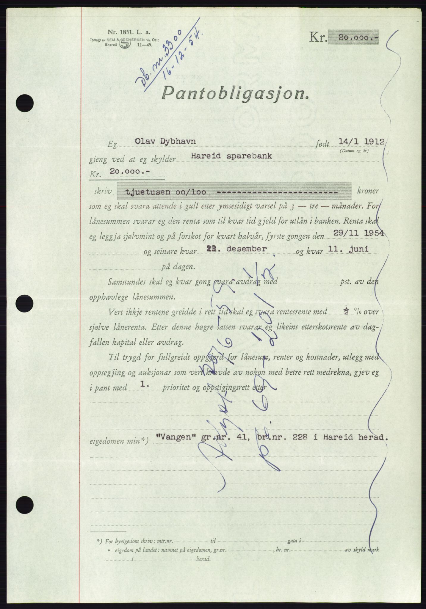 Søre Sunnmøre sorenskriveri, AV/SAT-A-4122/1/2/2C/L0126: Pantebok nr. 14B, 1954-1955, Dagboknr: 3300/1954