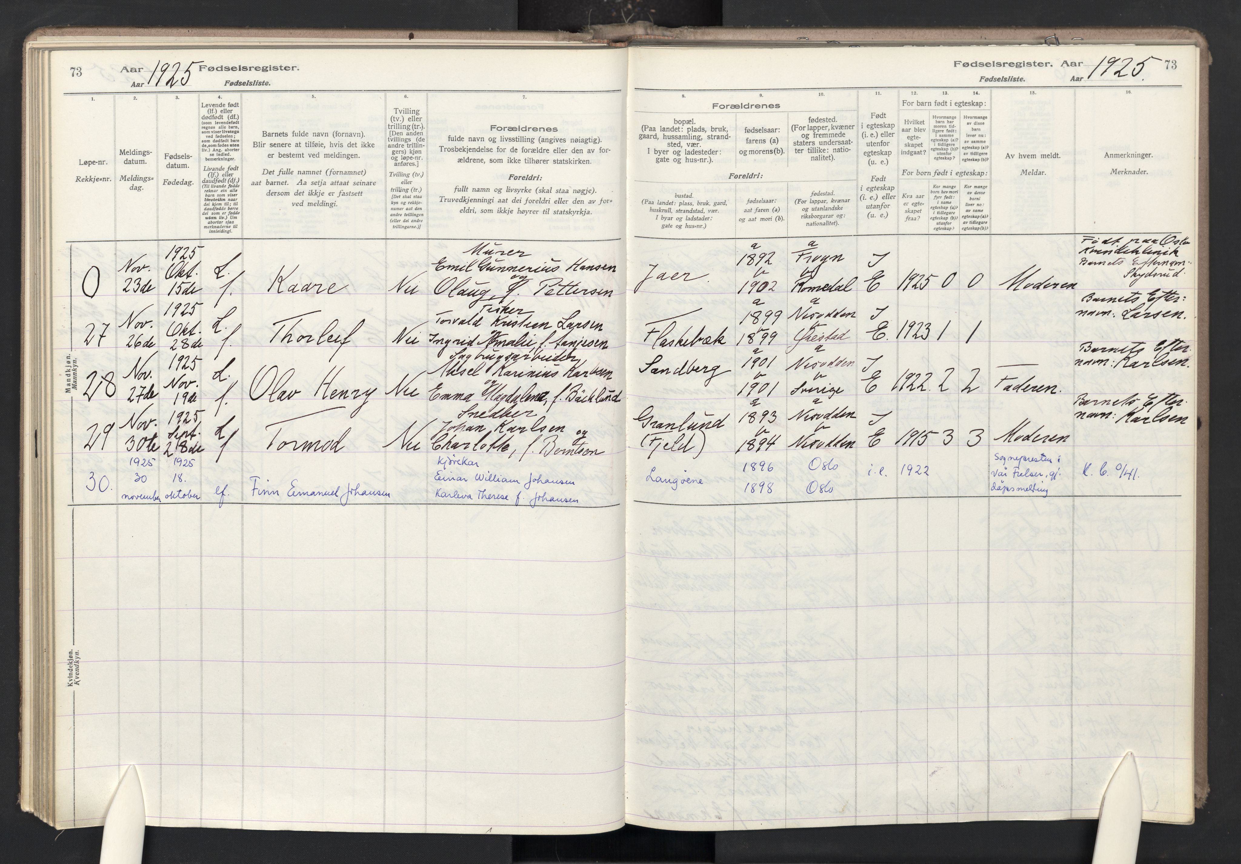 Nesodden prestekontor Kirkebøker, AV/SAO-A-10013/J/Ja/L0001: Fødselsregister nr. I 1, 1916-1946, s. 73