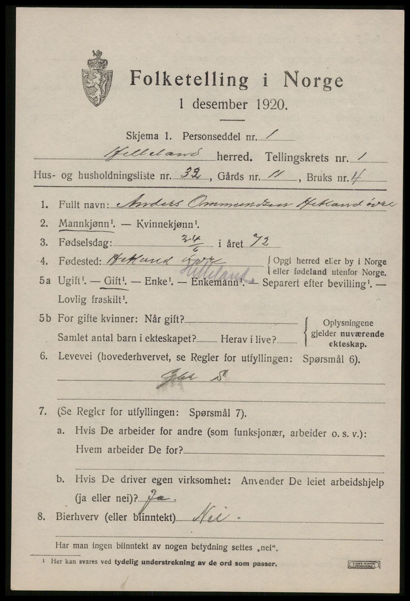 SAST, Folketelling 1920 for 1115 Helleland herred, 1920, s. 773