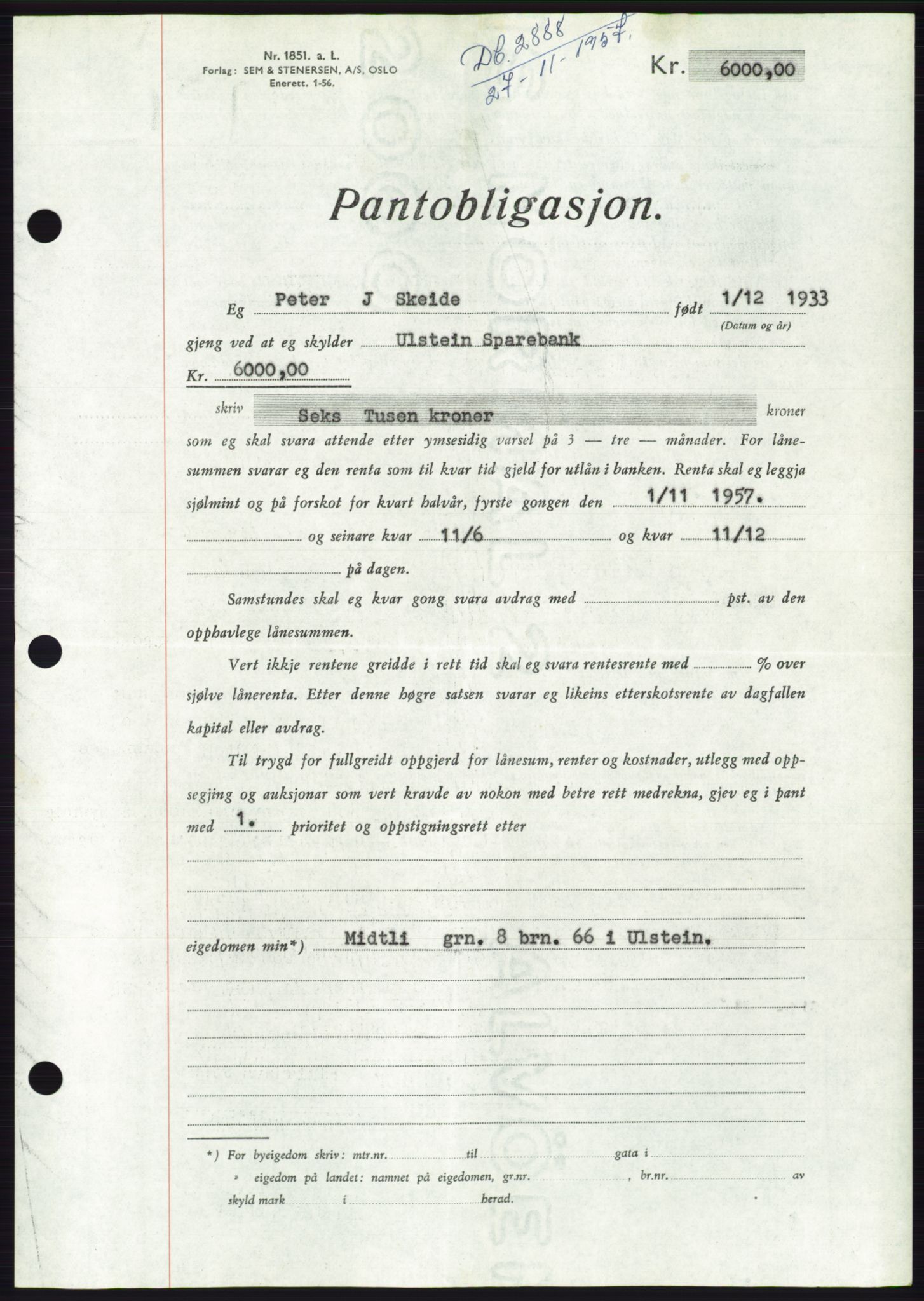 Søre Sunnmøre sorenskriveri, AV/SAT-A-4122/1/2/2C/L0130: Pantebok nr. 18B, 1957-1958, Dagboknr: 2888/1957