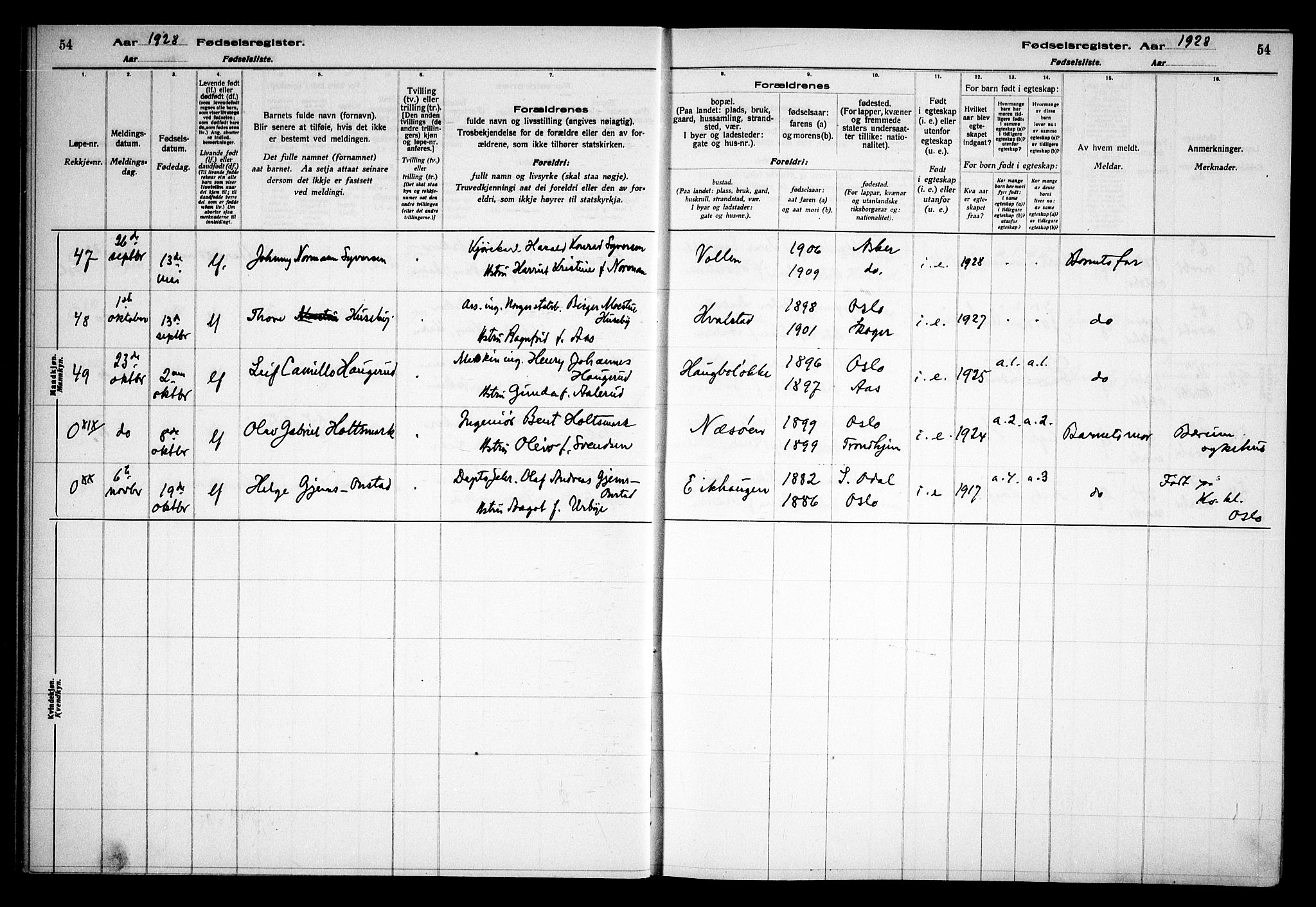 Asker prestekontor Kirkebøker, AV/SAO-A-10256a/J/L0002: Fødselsregister nr. 2, 1925-1938, s. 54