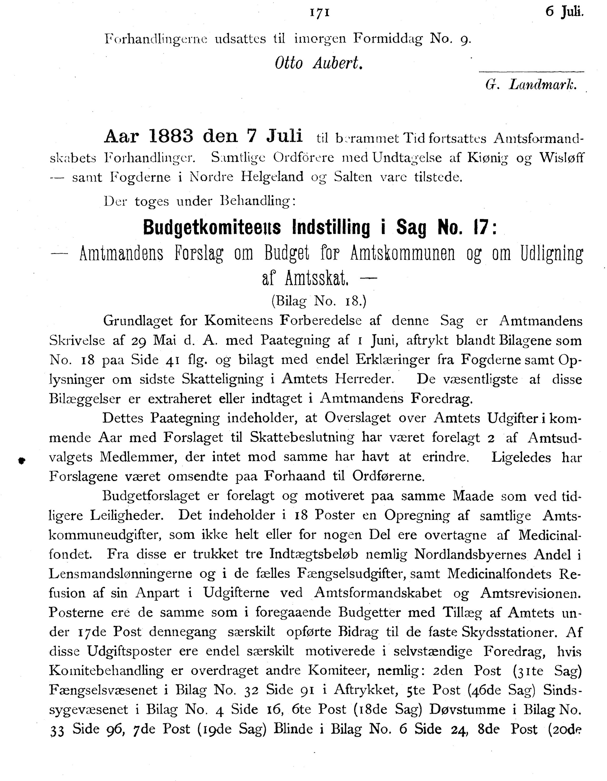 Nordland Fylkeskommune. Fylkestinget, AIN/NFK-17/176/A/Ac/L0014: Fylkestingsforhandlinger 1881-1885, 1881-1885, s. 171