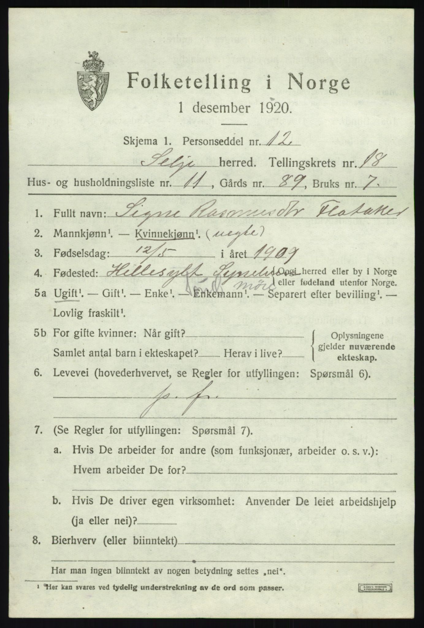 SAB, Folketelling 1920 for 1441 Selje herred, 1920, s. 8017