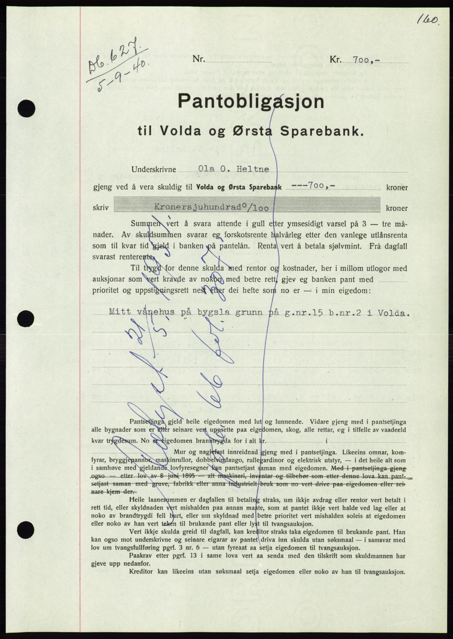 Søre Sunnmøre sorenskriveri, SAT/A-4122/1/2/2C/L0070: Pantebok nr. 64, 1940-1941, Dagboknr: 627/1940