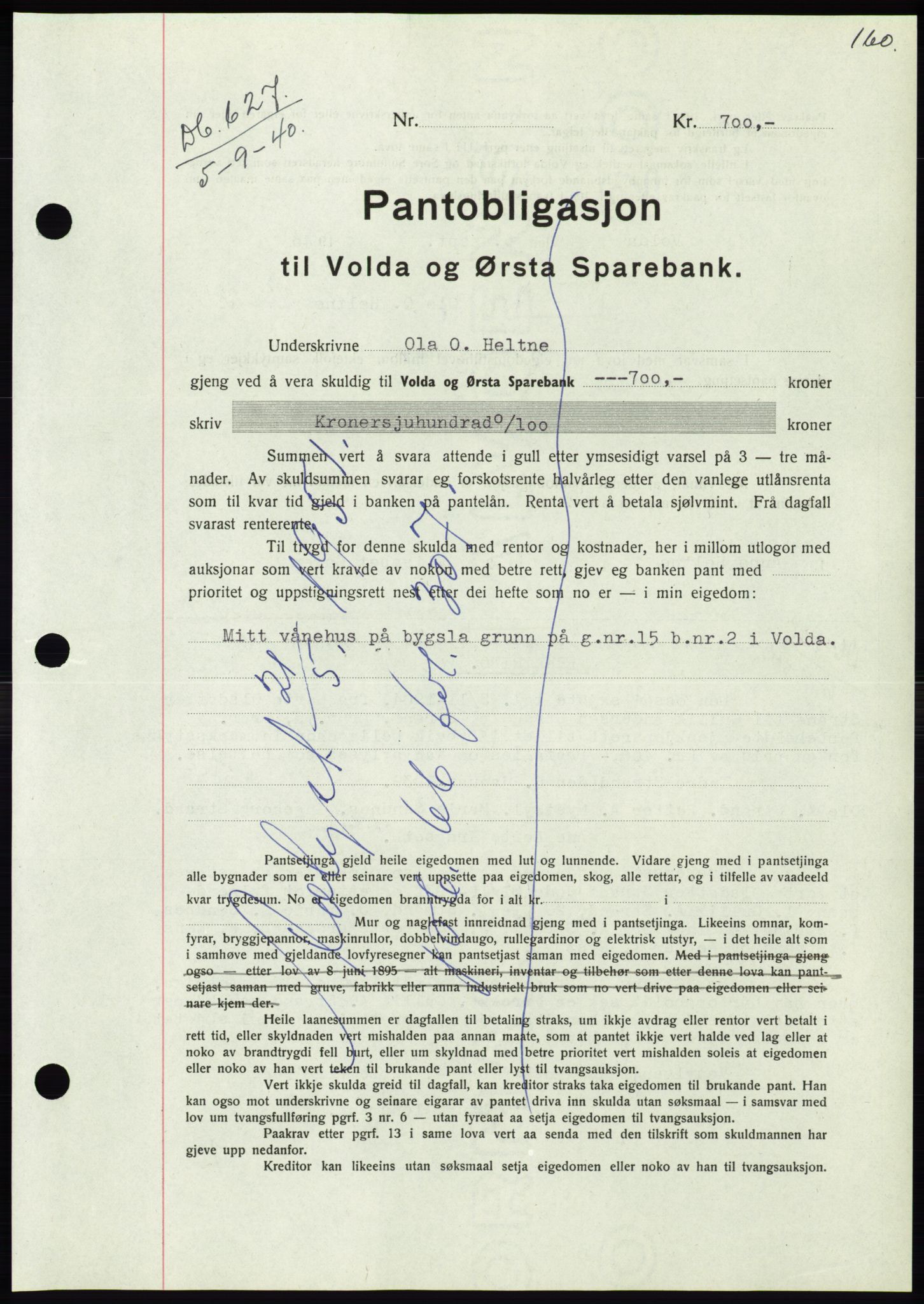 Søre Sunnmøre sorenskriveri, AV/SAT-A-4122/1/2/2C/L0070: Pantebok nr. 64, 1940-1941, Dagboknr: 627/1940