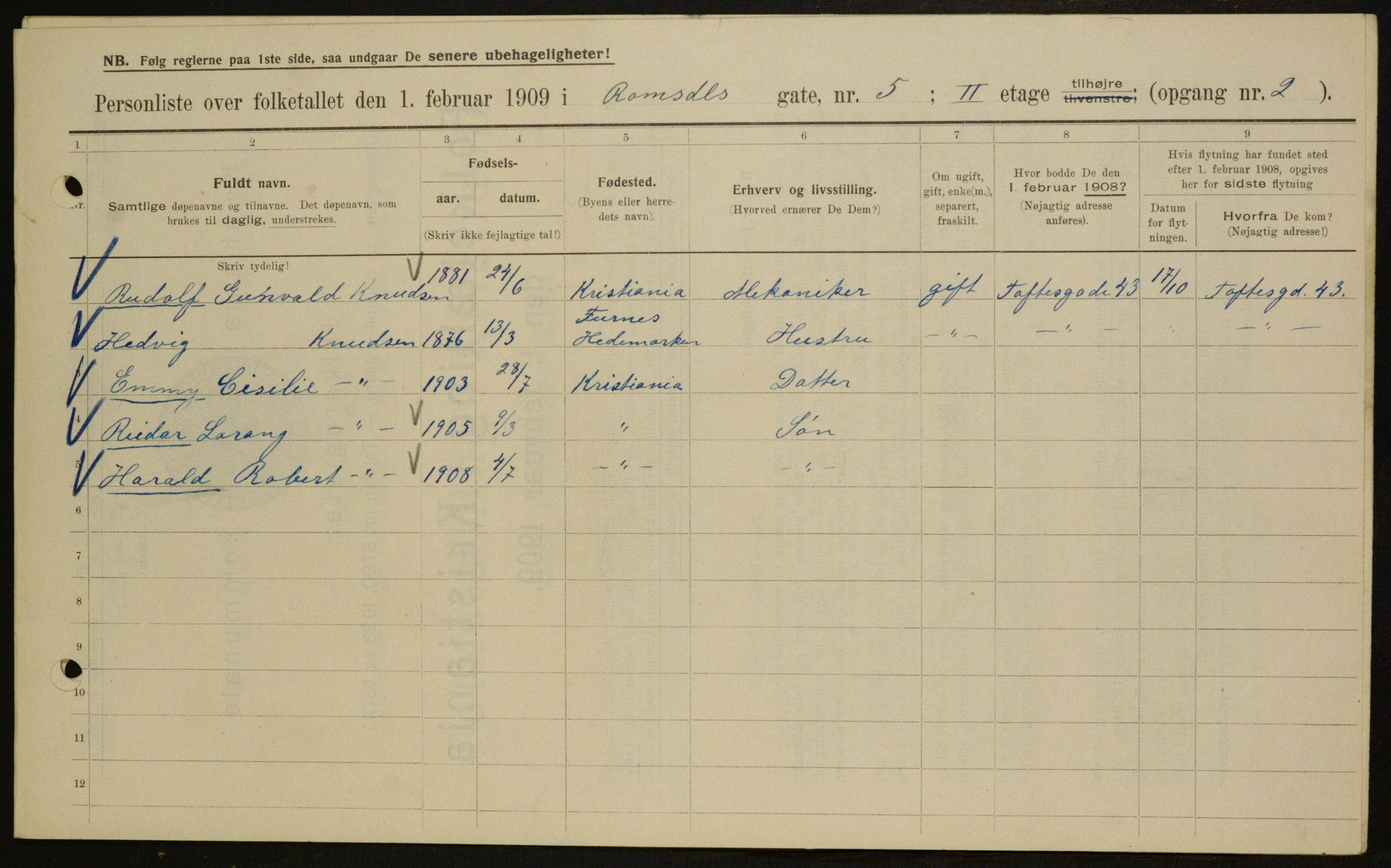 OBA, Kommunal folketelling 1.2.1909 for Kristiania kjøpstad, 1909, s. 75454