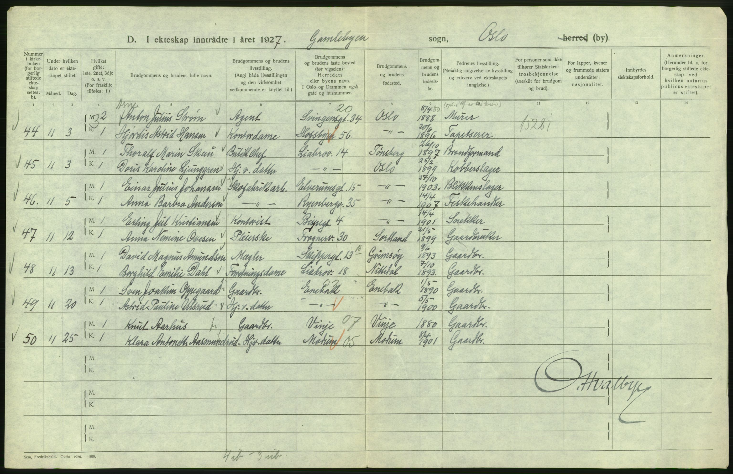 Statistisk sentralbyrå, Sosiodemografiske emner, Befolkning, AV/RA-S-2228/D/Df/Dfc/Dfcg/L0008: Oslo: Gifte, 1927, s. 578