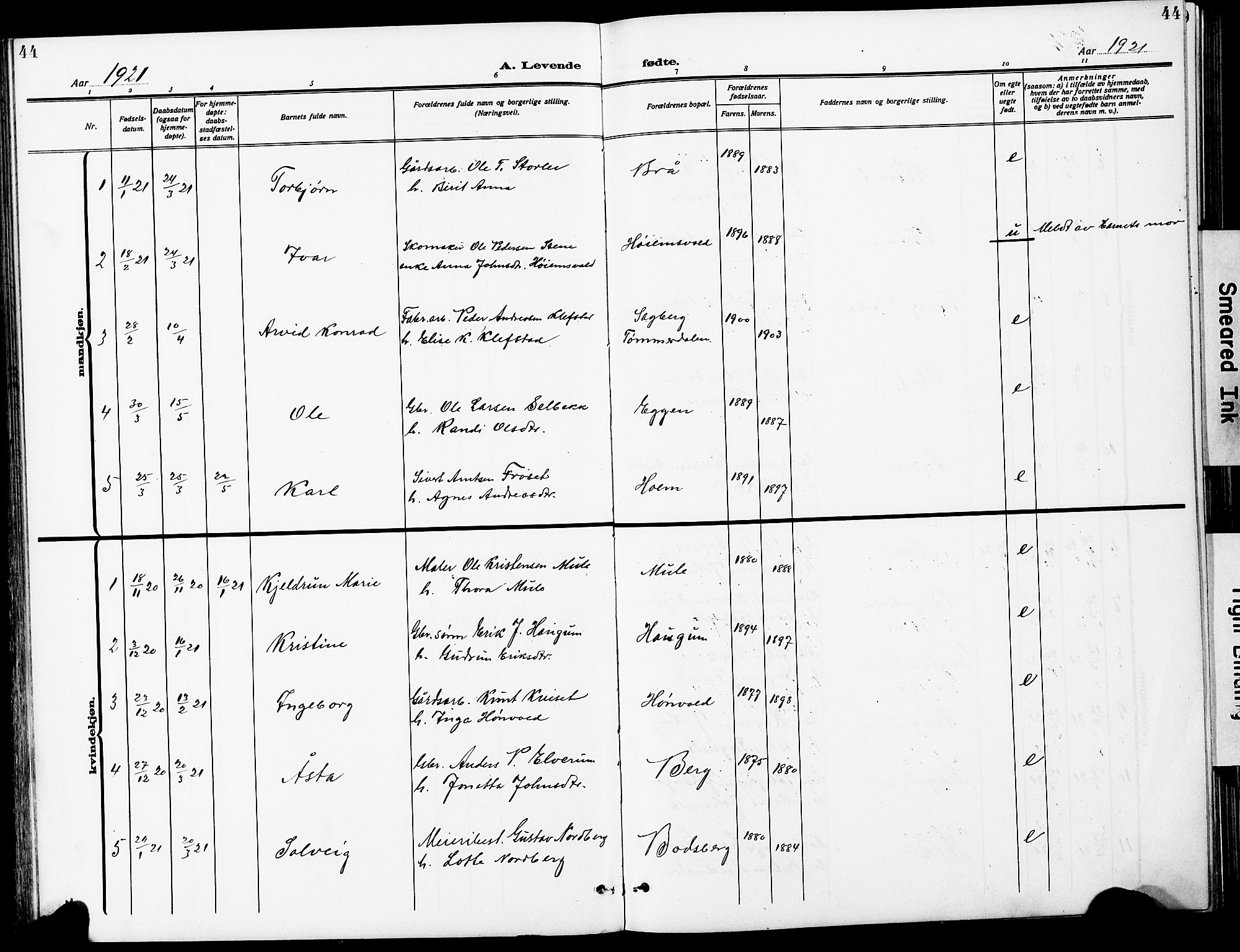 Ministerialprotokoller, klokkerbøker og fødselsregistre - Sør-Trøndelag, AV/SAT-A-1456/612/L0388: Klokkerbok nr. 612C04, 1909-1929, s. 44
