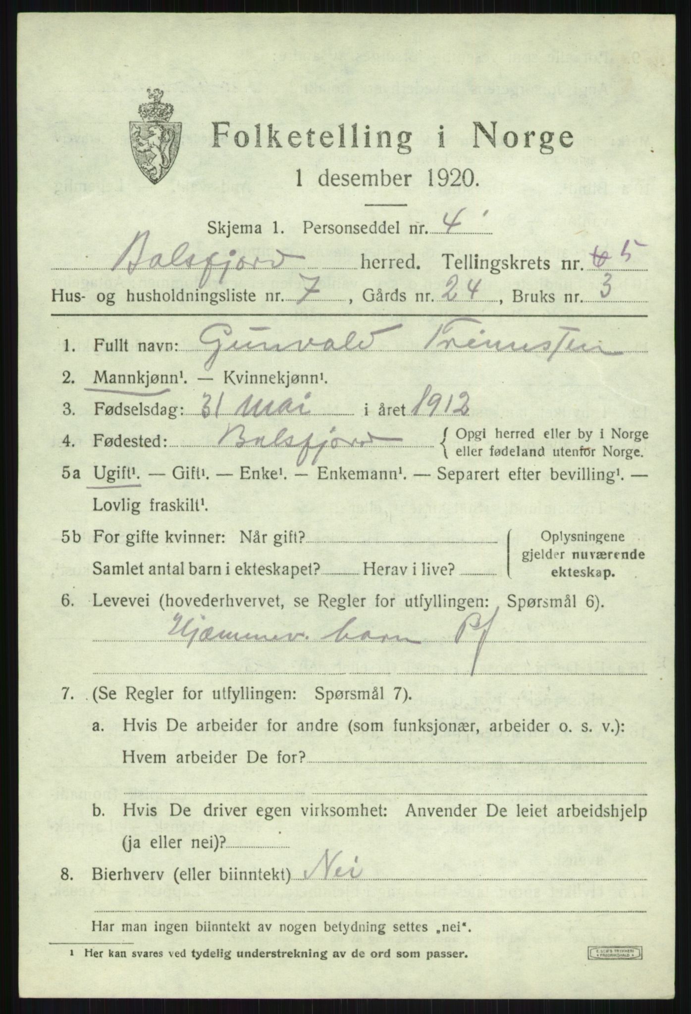 SATØ, Folketelling 1920 for 1933 Balsfjord herred, 1920, s. 3188