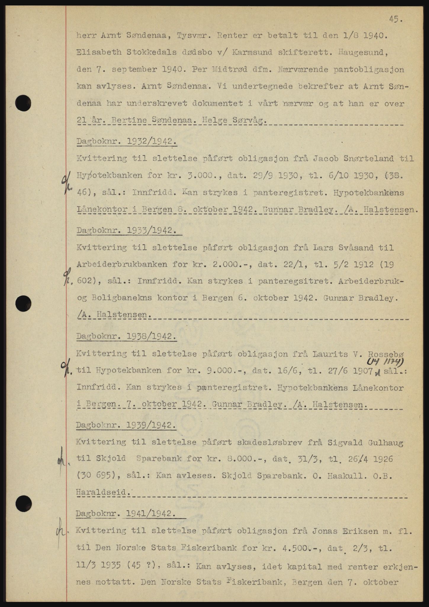 Karmsund sorenskriveri, SAST/A-100311/01/II/IIBBE/L0008: Pantebok nr. B 54, 1942-1943, Dagboknr: 1932/1942