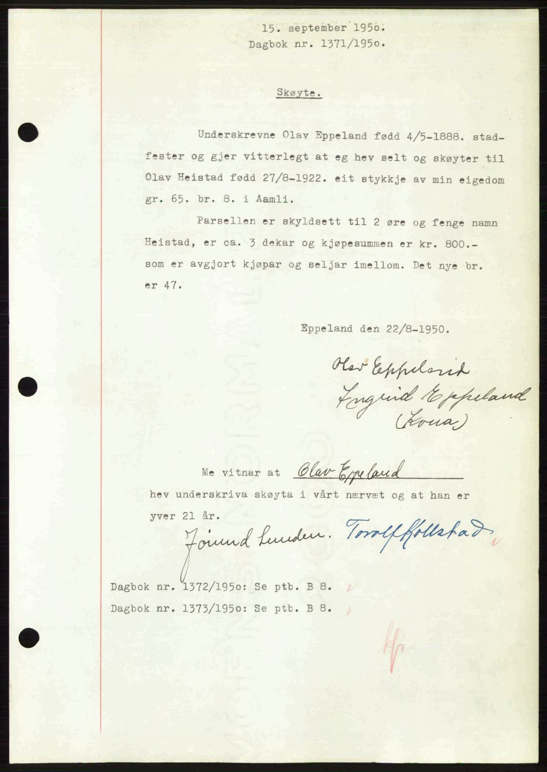 Nedenes sorenskriveri, SAK/1221-0006/G/Gb/Gba/L0063: Pantebok nr. A15, 1950-1950, Dagboknr: 1371/1950