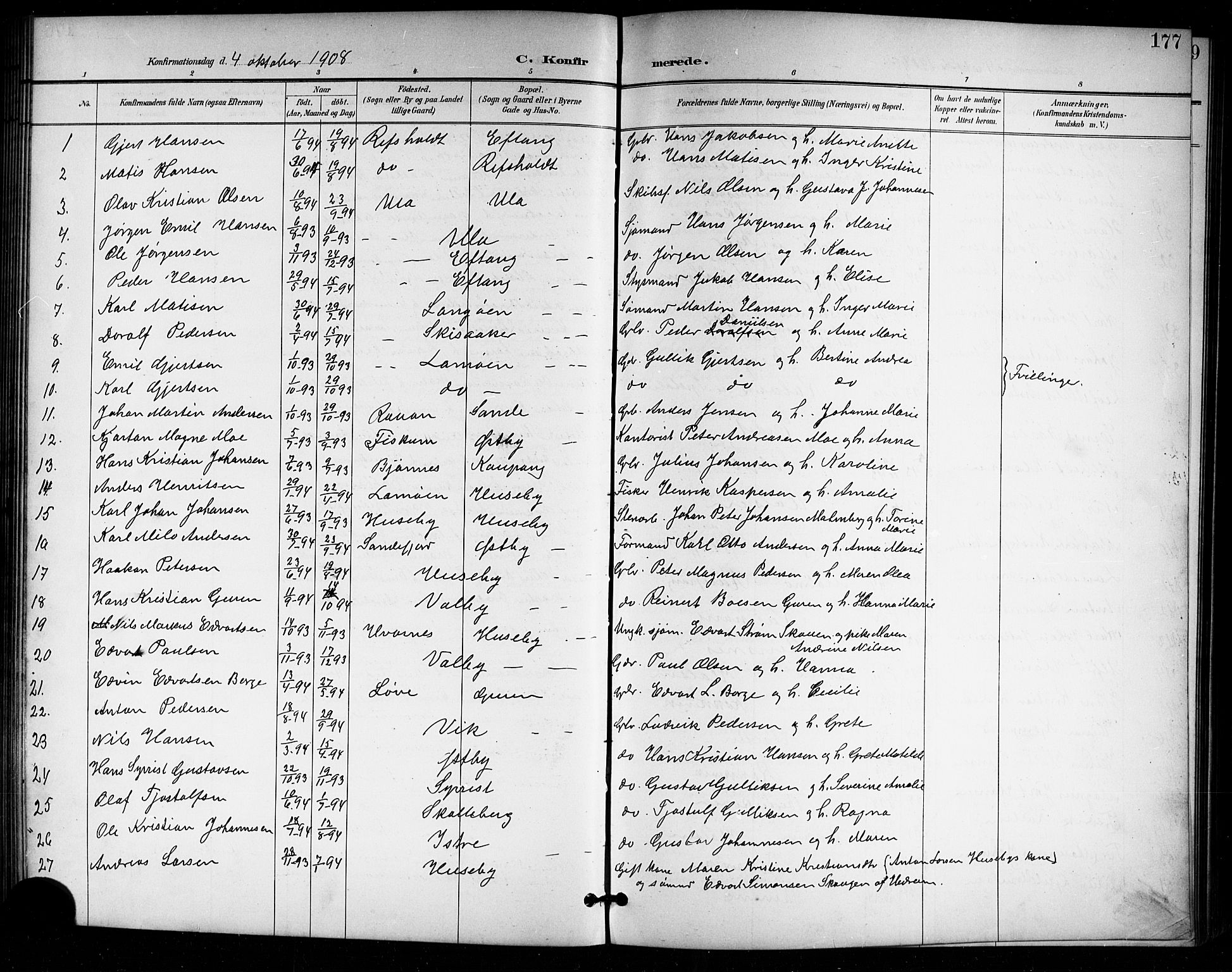 Tjølling kirkebøker, AV/SAKO-A-60/G/Ga/L0002: Klokkerbok nr. 2, 1895-1918, s. 177