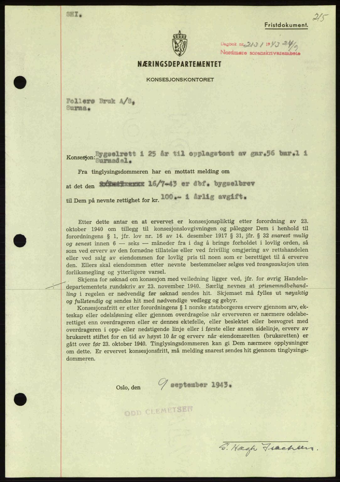 Nordmøre sorenskriveri, AV/SAT-A-4132/1/2/2Ca: Pantebok nr. B91, 1943-1944, Dagboknr: 2131/1943