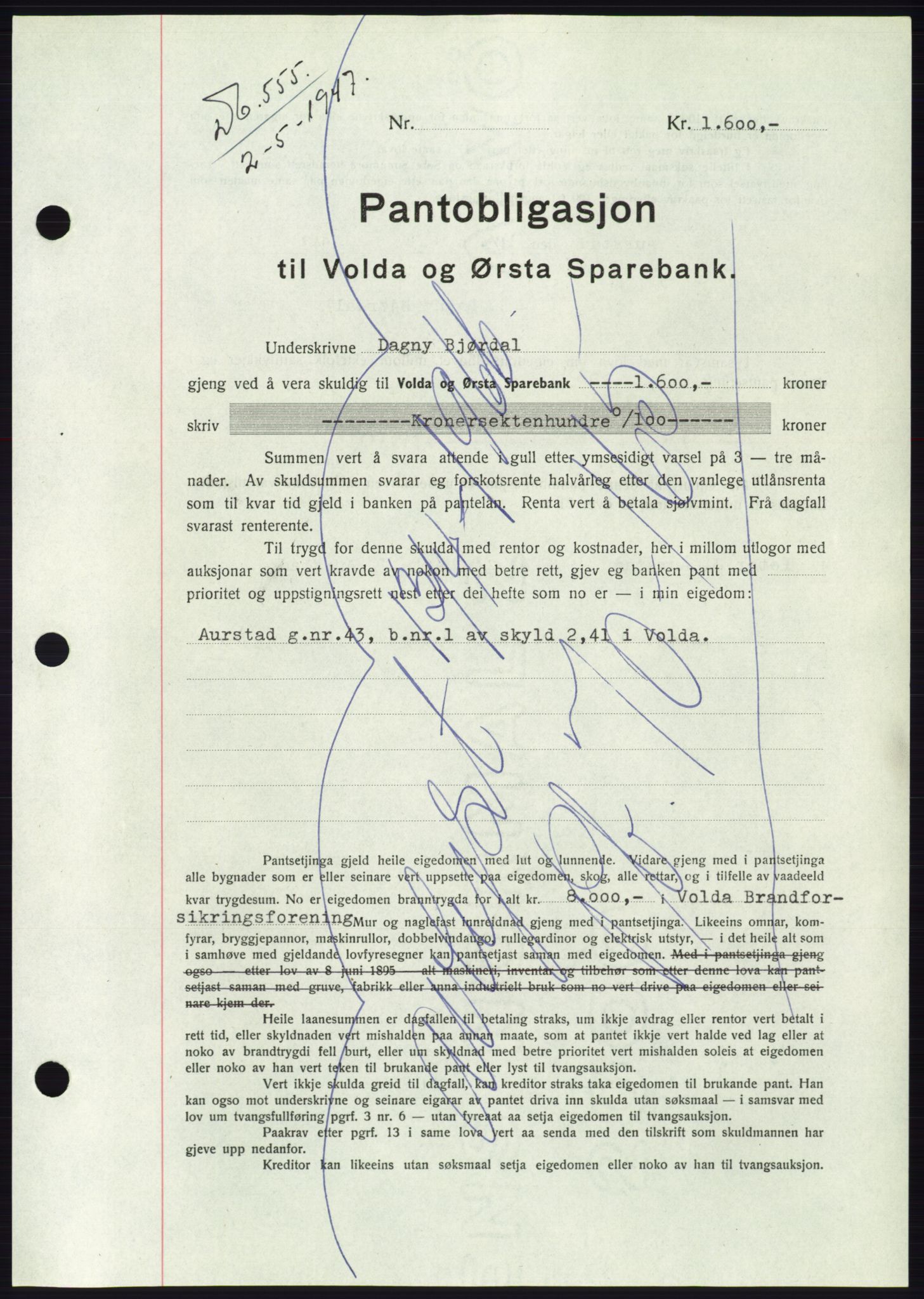 Søre Sunnmøre sorenskriveri, AV/SAT-A-4122/1/2/2C/L0114: Pantebok nr. 1-2B, 1943-1947, Dagboknr: 555/1947