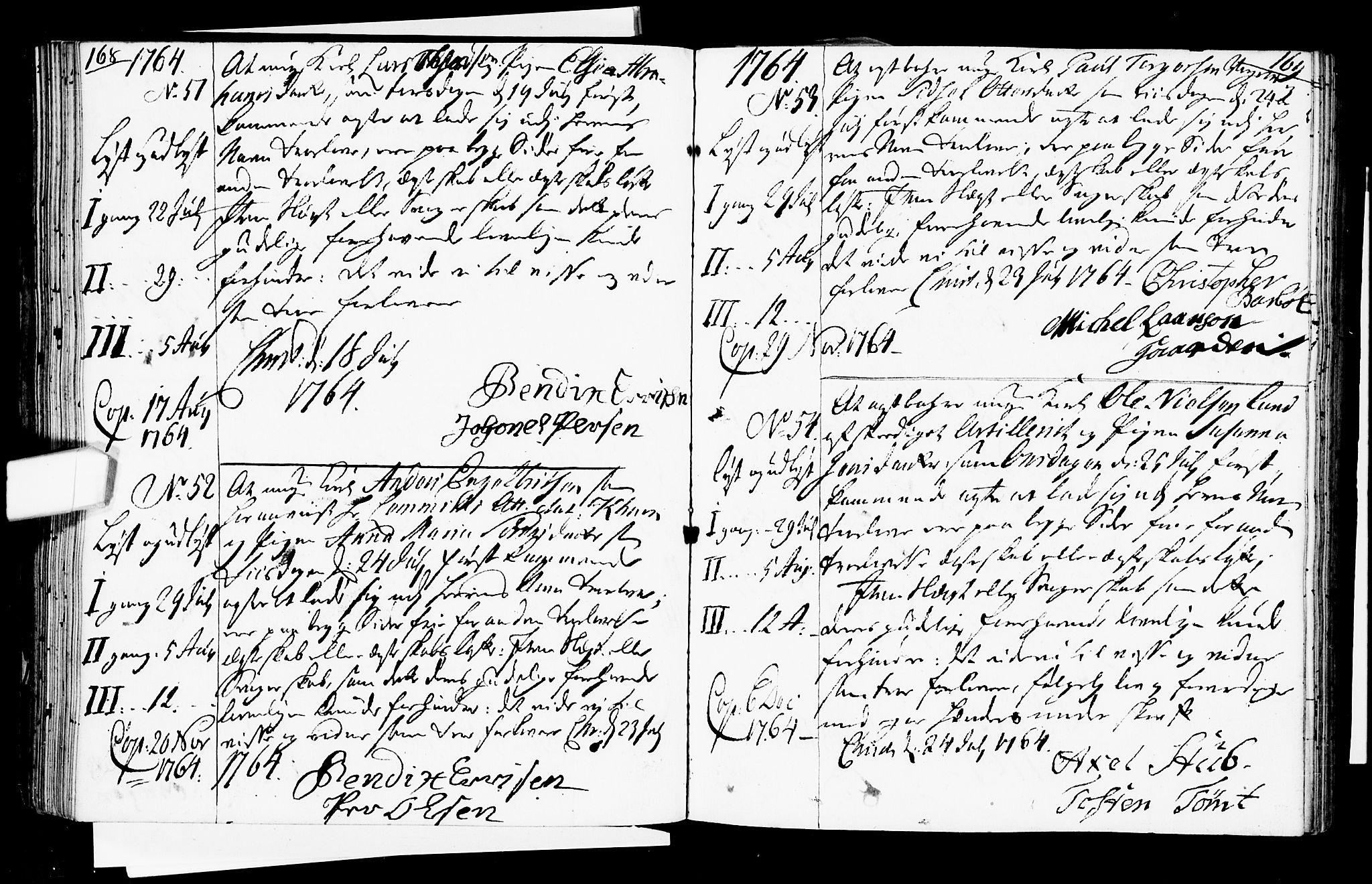 Oslo domkirke Kirkebøker, SAO/A-10752/L/La/L0008: Forlovererklæringer nr. 8, 1759-1769, s. 168-169