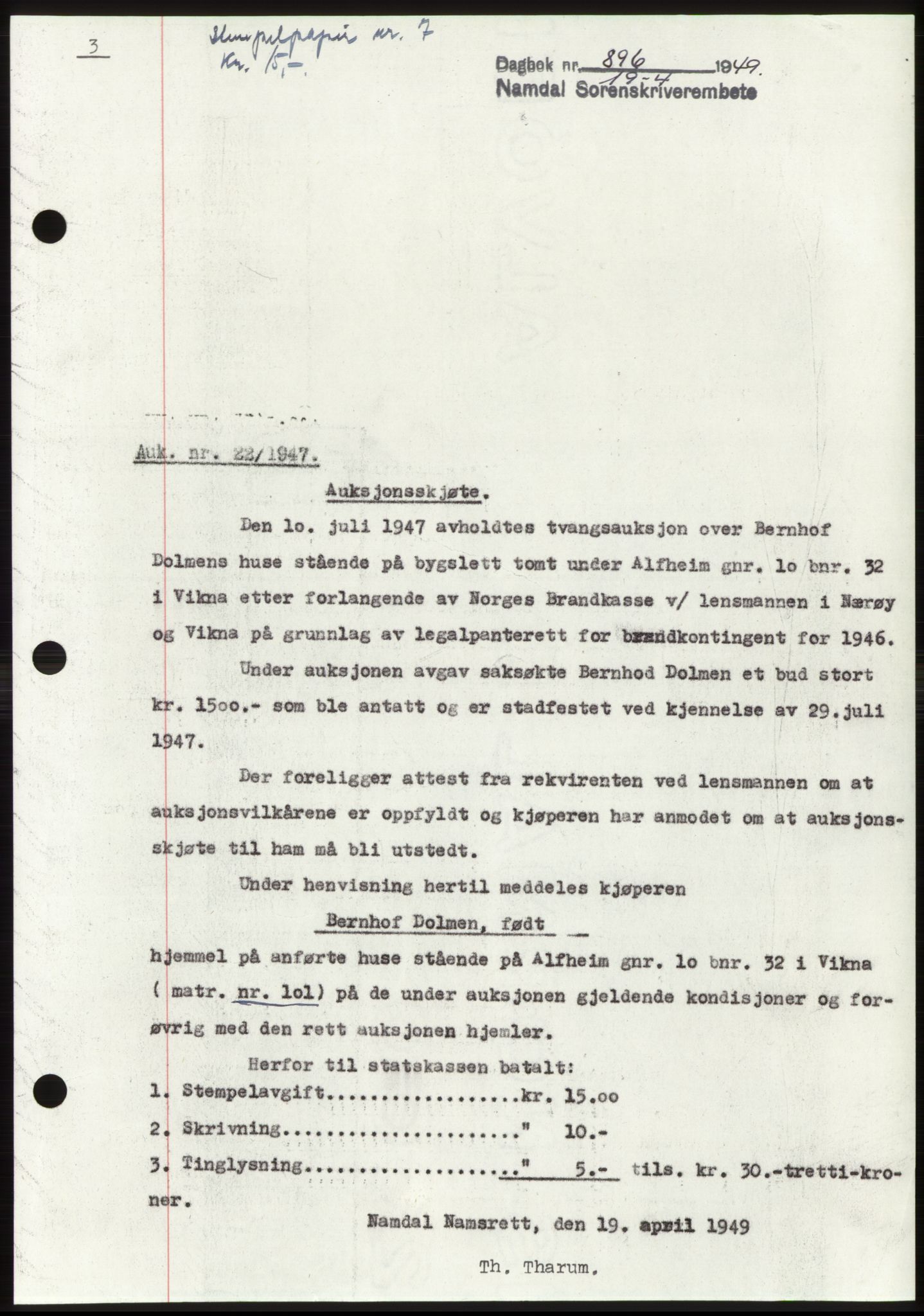 Namdal sorenskriveri, SAT/A-4133/1/2/2C: Pantebok nr. -, 1949-1949, Dagboknr: 896/1949