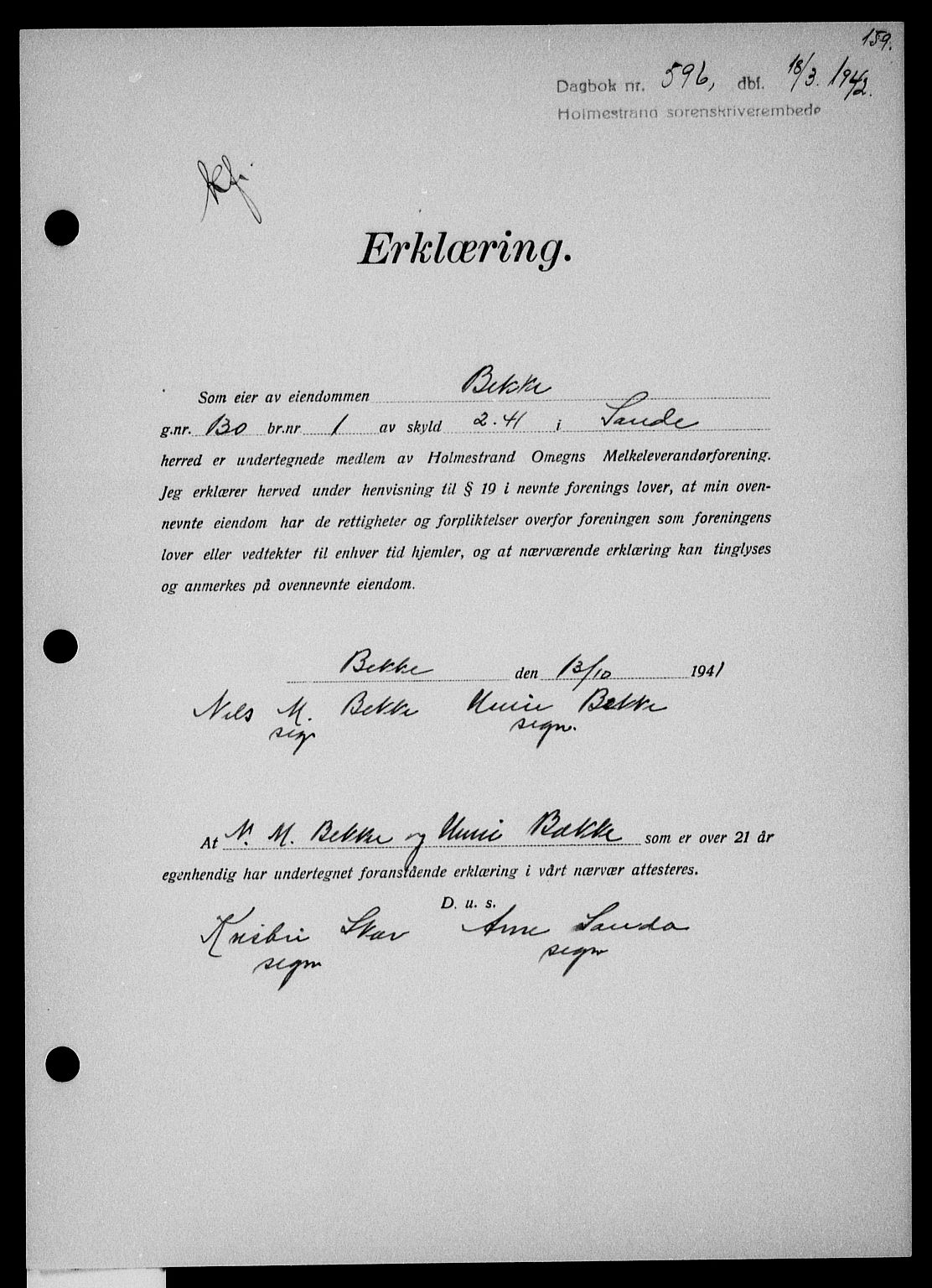 Holmestrand sorenskriveri, SAKO/A-67/G/Ga/Gaa/L0055: Pantebok nr. A-55, 1942-1942, Dagboknr: 596/1942