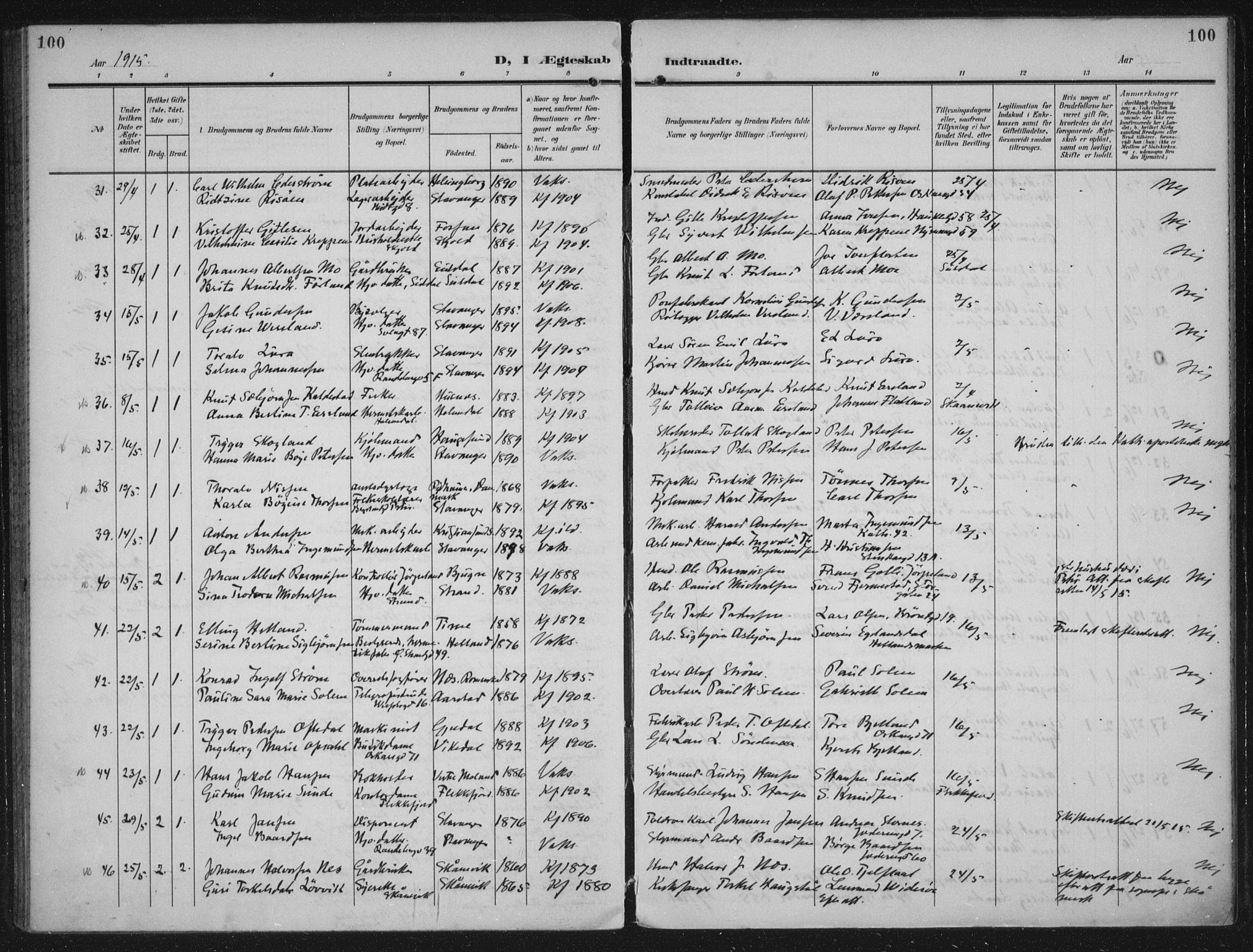 Domkirken sokneprestkontor, AV/SAST-A-101812/002/A/L0016: Ministerialbok nr. A 33, 1905-1922, s. 100