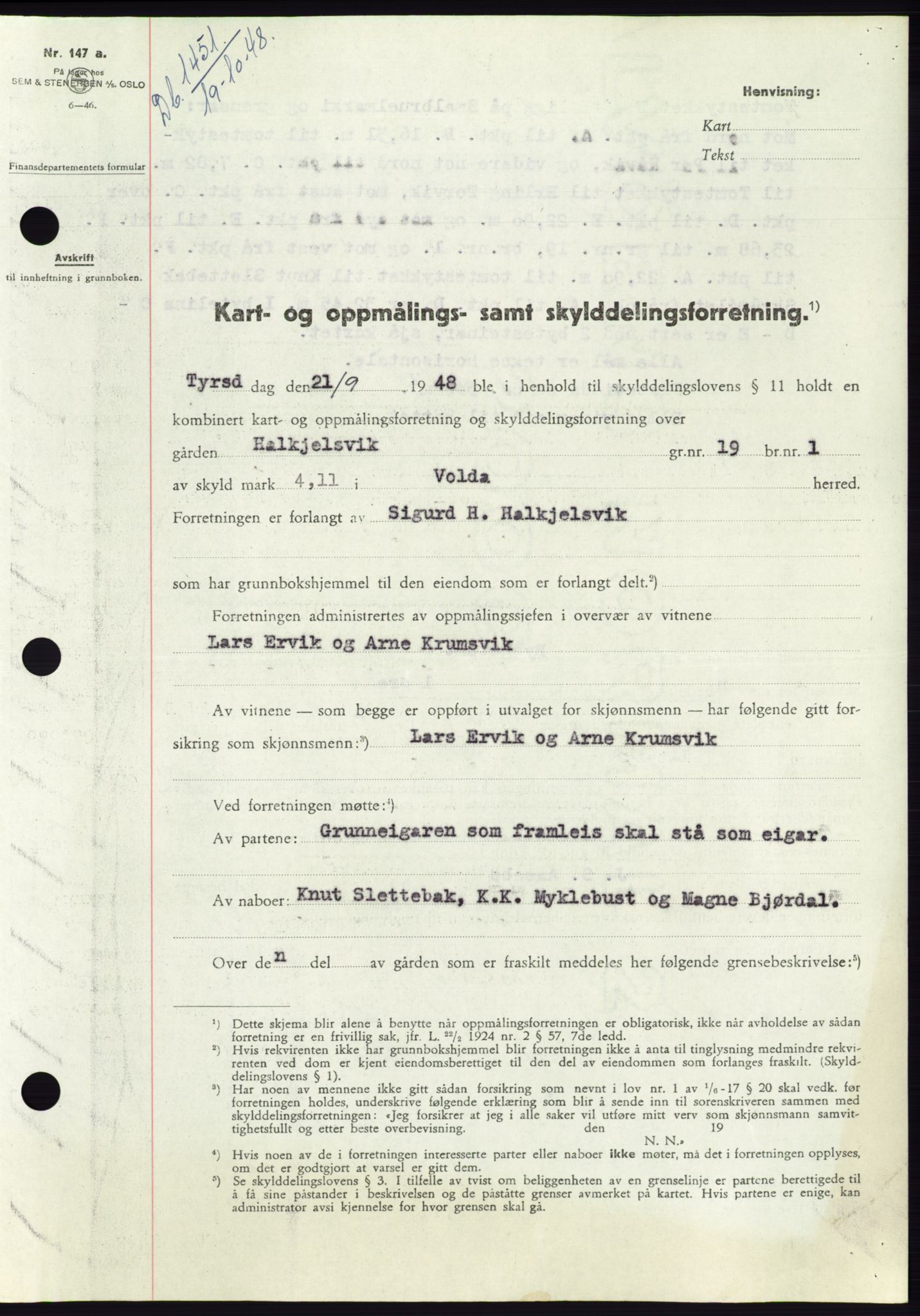 Søre Sunnmøre sorenskriveri, AV/SAT-A-4122/1/2/2C/L0083: Pantebok nr. 9A, 1948-1949, Dagboknr: 1451/1948