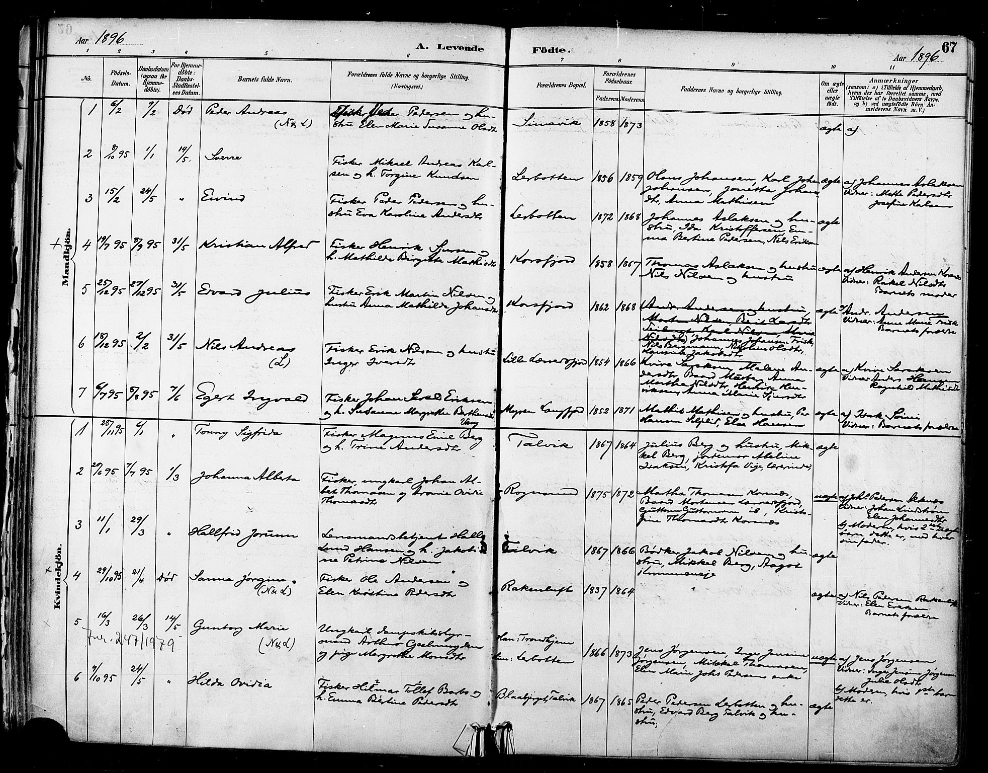 Talvik sokneprestkontor, AV/SATØ-S-1337/H/Ha/L0013kirke: Ministerialbok nr. 13, 1886-1897, s. 67