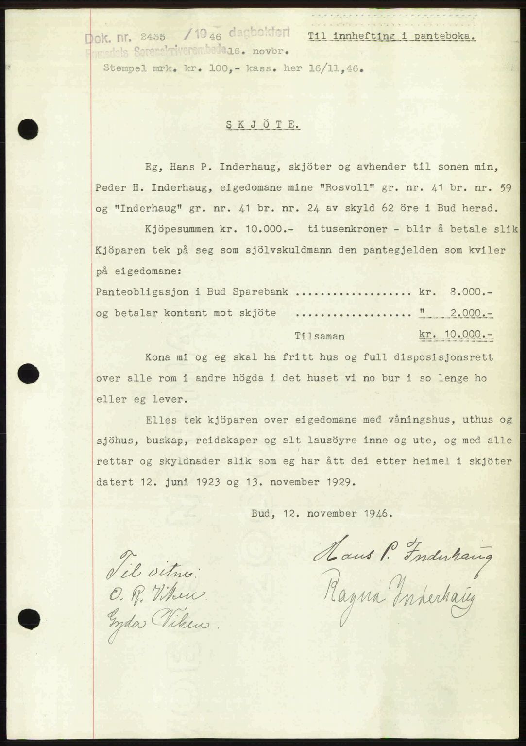 Romsdal sorenskriveri, AV/SAT-A-4149/1/2/2C: Pantebok nr. A21, 1946-1946, Dagboknr: 2435/1946