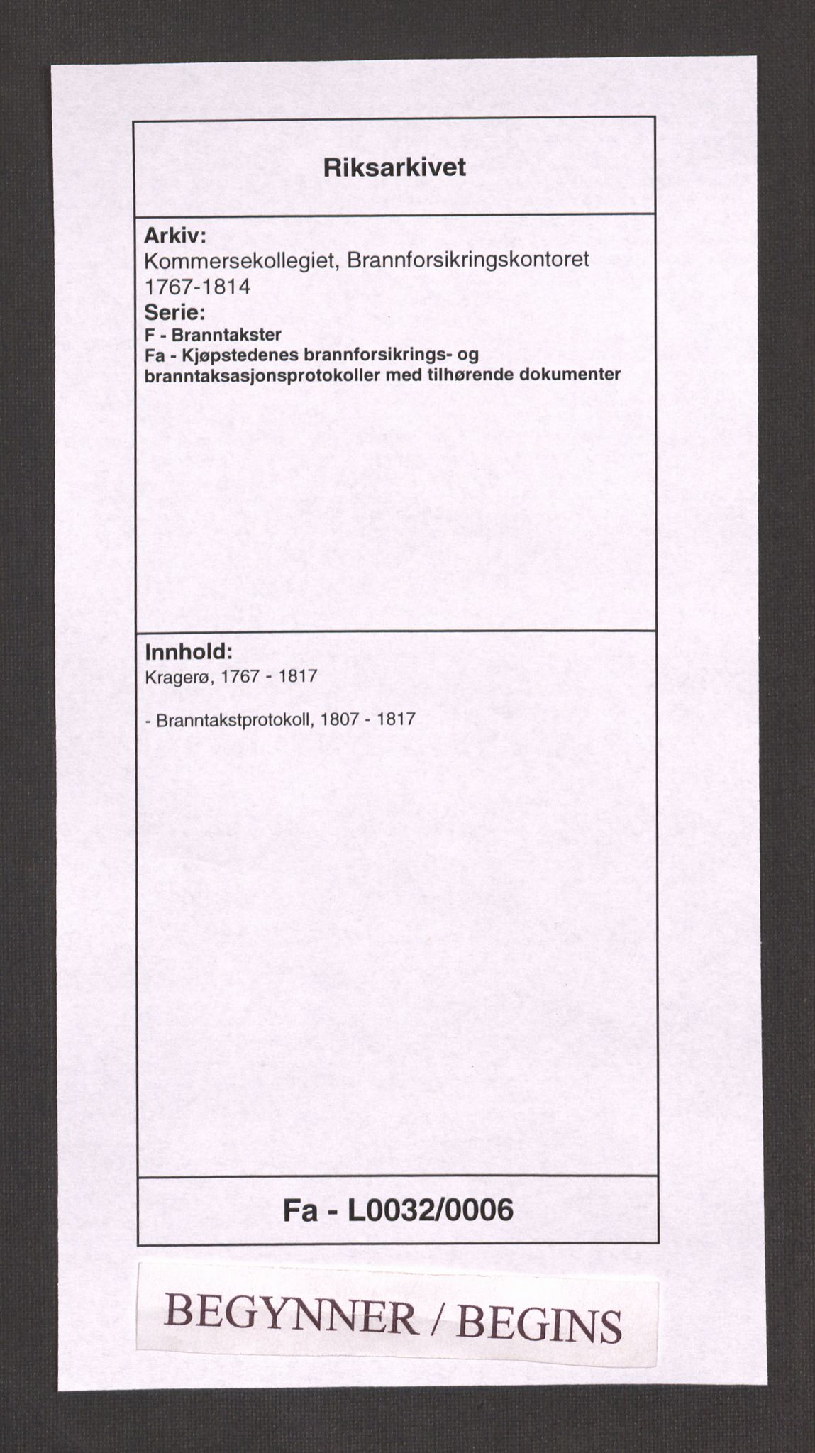 Kommersekollegiet, Brannforsikringskontoret 1767-1814, RA/EA-5458/F/Fa/L0032/0006: Kragerø / Branntakstprotokoll, 1807-1817