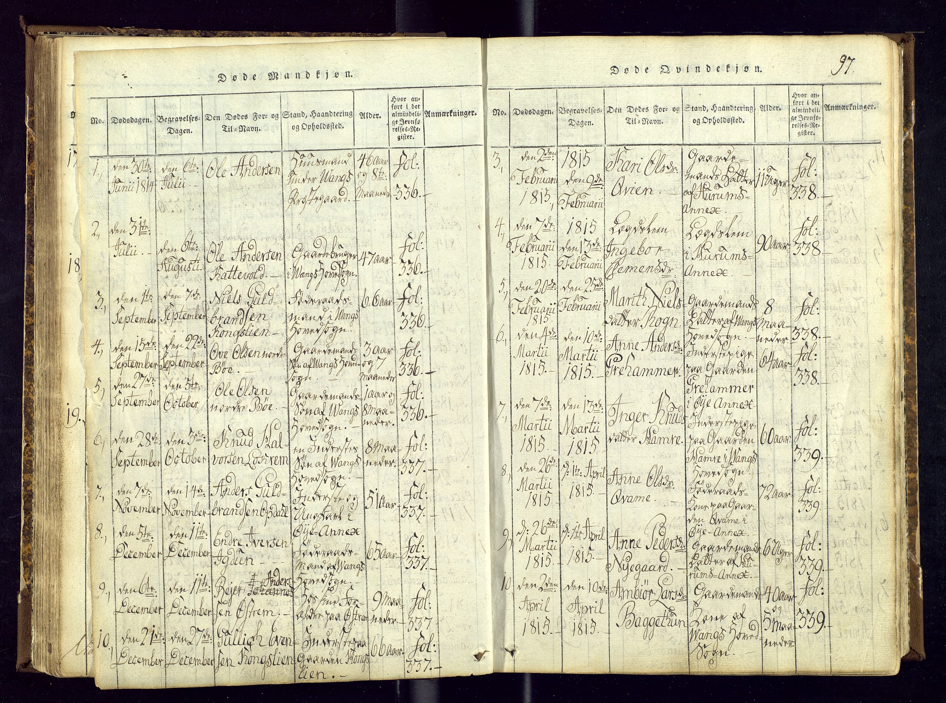 Vang prestekontor, Valdres, AV/SAH-PREST-140/H/Ha/L0004: Ministerialbok nr. 4, 1814-1831, s. 97