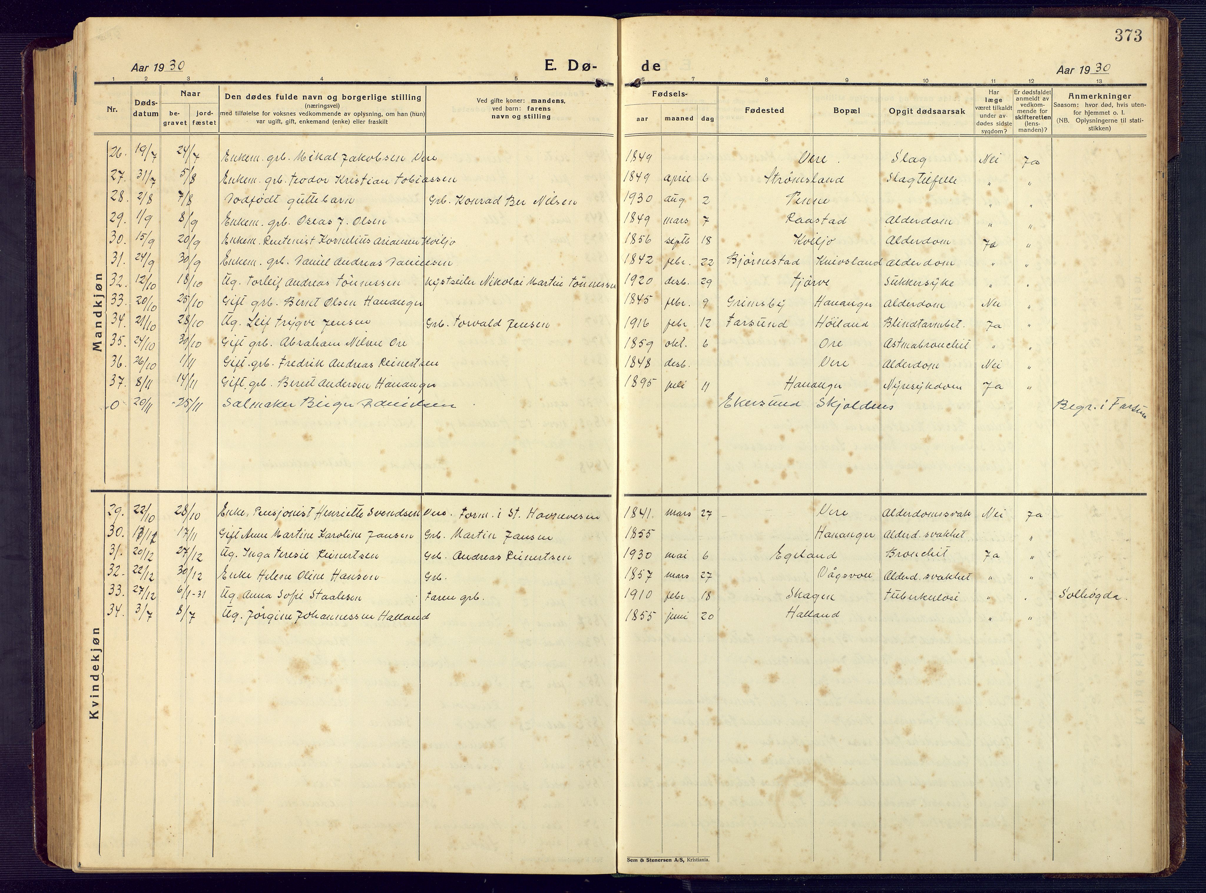 Lista sokneprestkontor, SAK/1111-0027/F/Fb/L0006: Klokkerbok nr. B 6, 1924-1947, s. 373