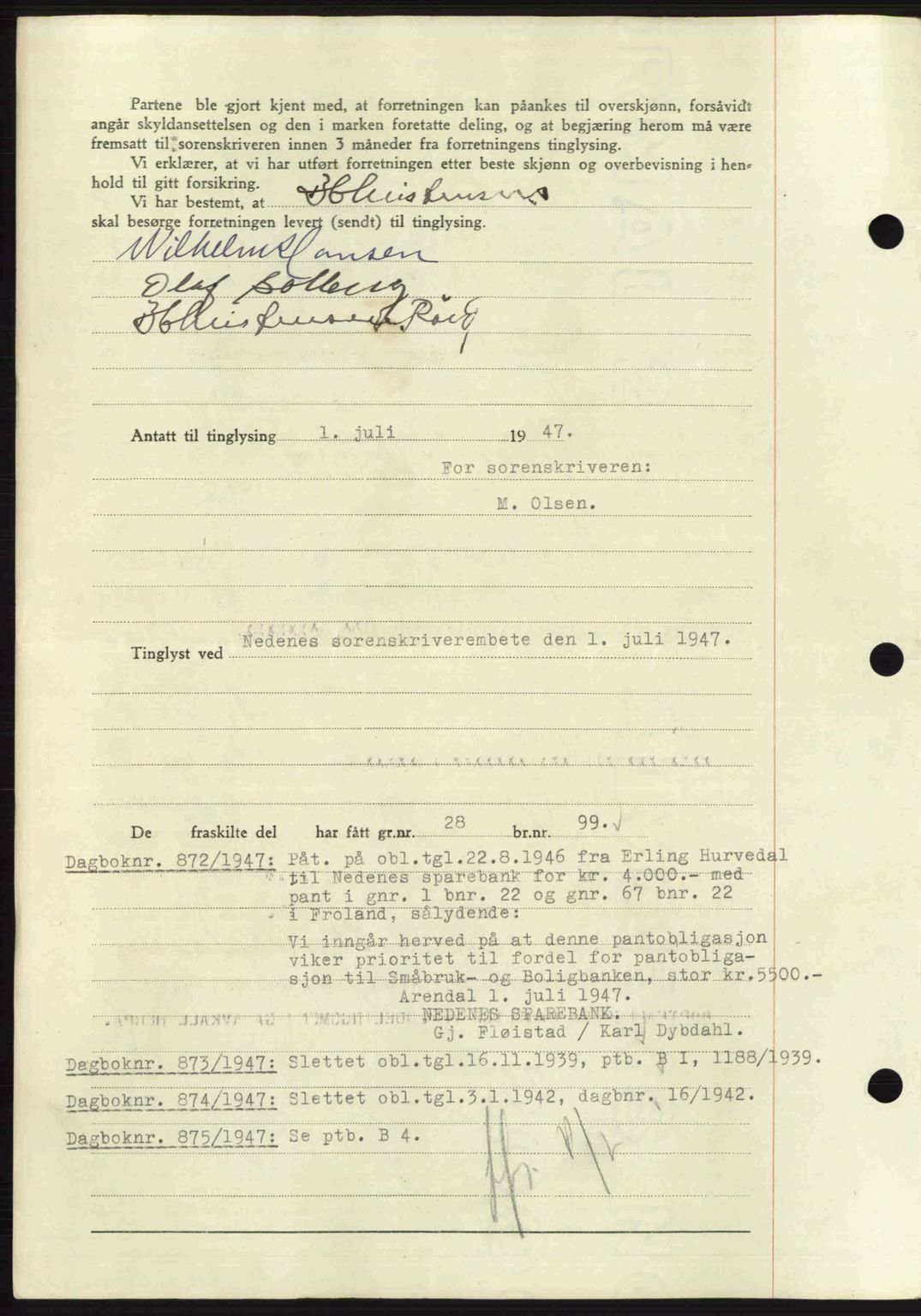 Nedenes sorenskriveri, AV/SAK-1221-0006/G/Gb/Gba/L0057: Pantebok nr. A9, 1947-1947, Dagboknr: 871/1947