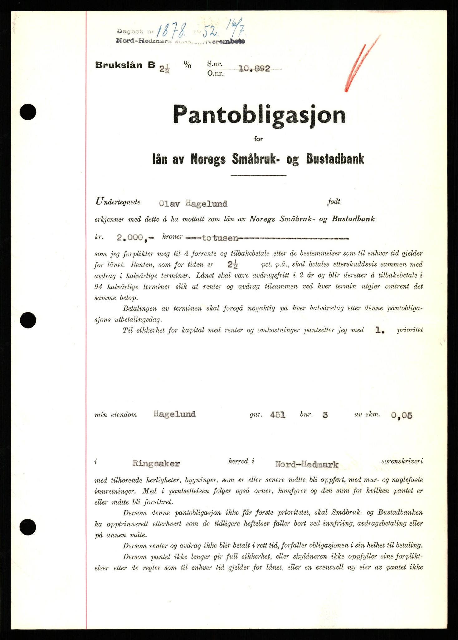 Nord-Hedmark sorenskriveri, SAH/TING-012/H/Hb/Hbf/L0025: Pantebok nr. B25, 1952-1952, Dagboknr: 1878/1952