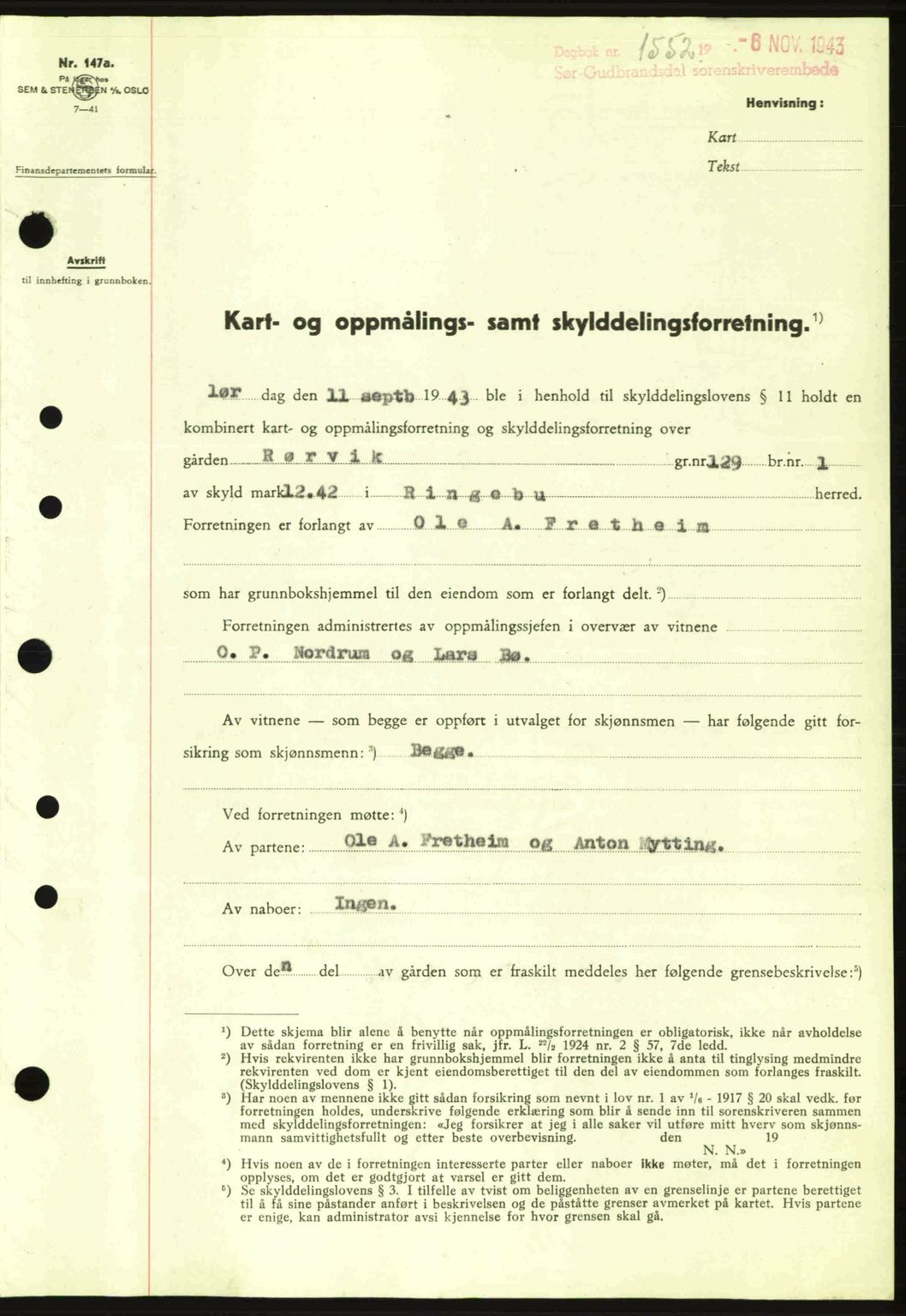 Sør-Gudbrandsdal tingrett, SAH/TING-004/H/Hb/Hbd/L0012: Pantebok nr. A12, 1943-1944, Dagboknr: 1552/1943