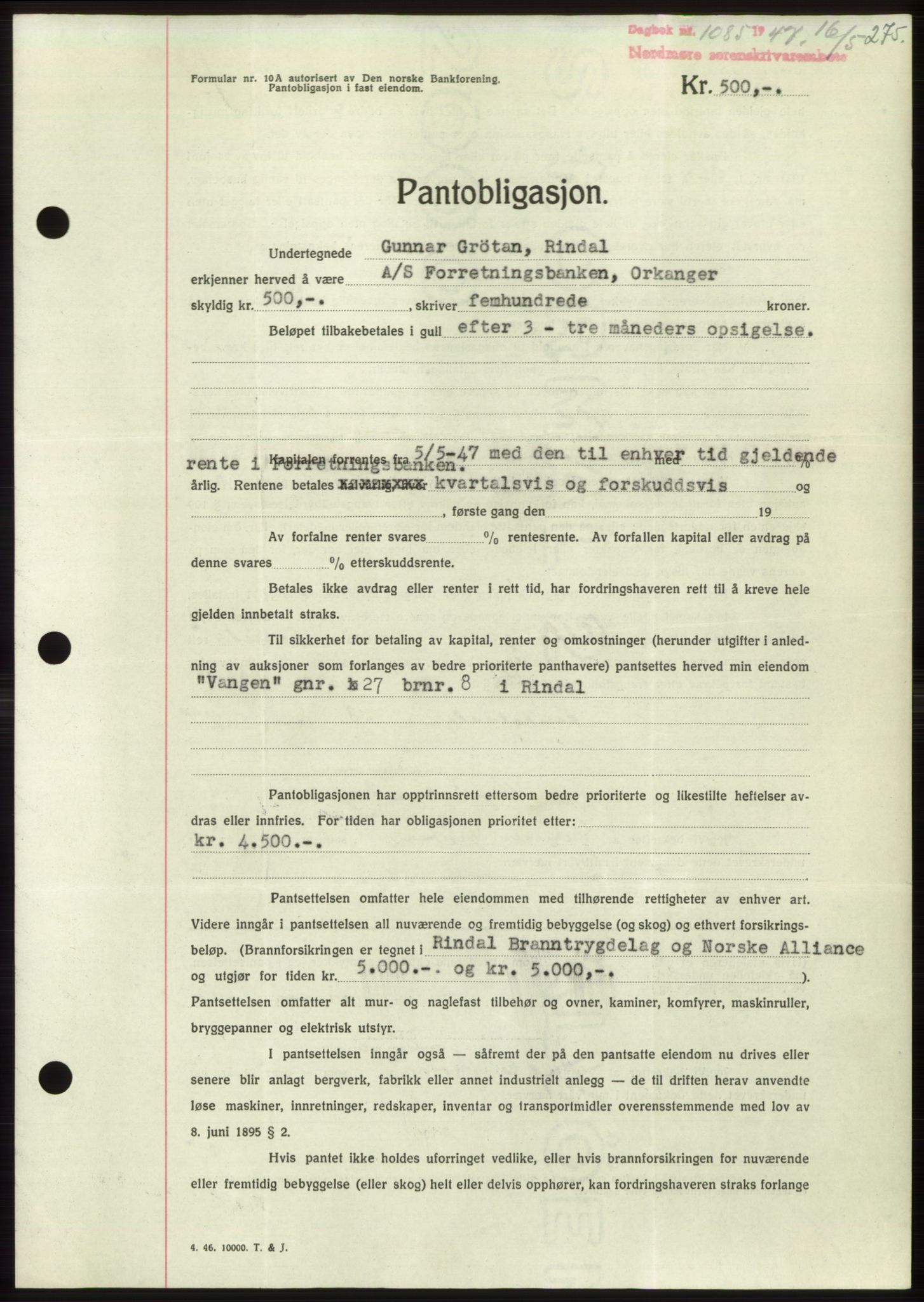 Nordmøre sorenskriveri, SAT/A-4132/1/2/2Ca: Pantebok nr. B96, 1947-1947, Dagboknr: 1085/1947