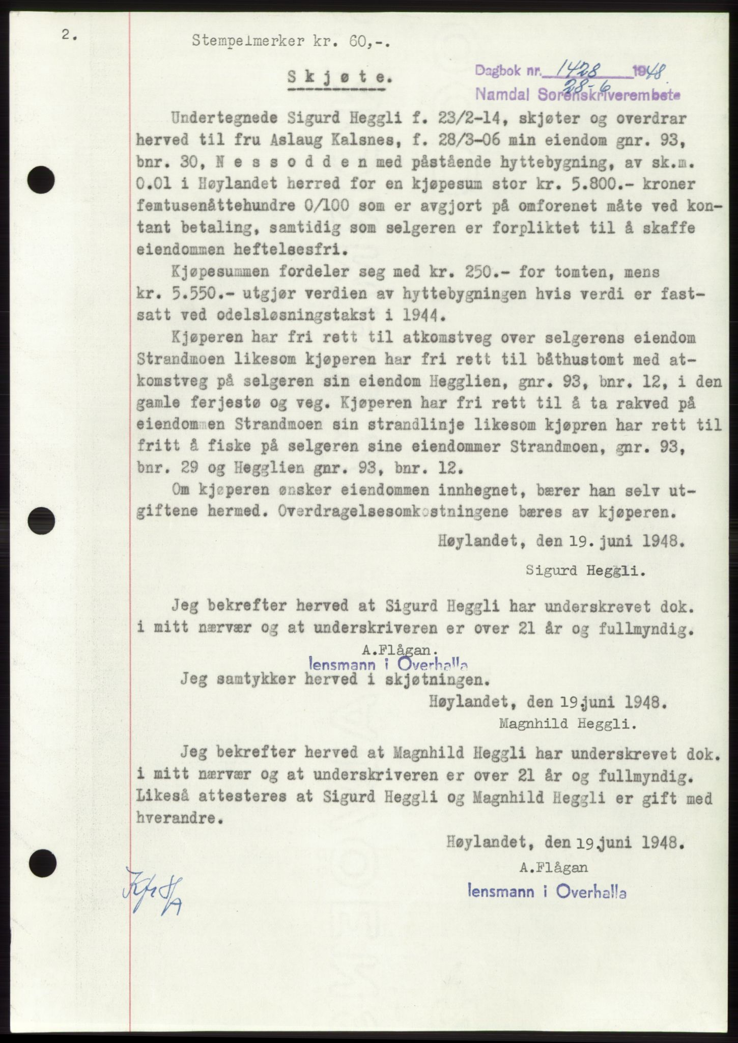 Namdal sorenskriveri, SAT/A-4133/1/2/2C: Pantebok nr. -, 1948-1948, Dagboknr: 1428/1948