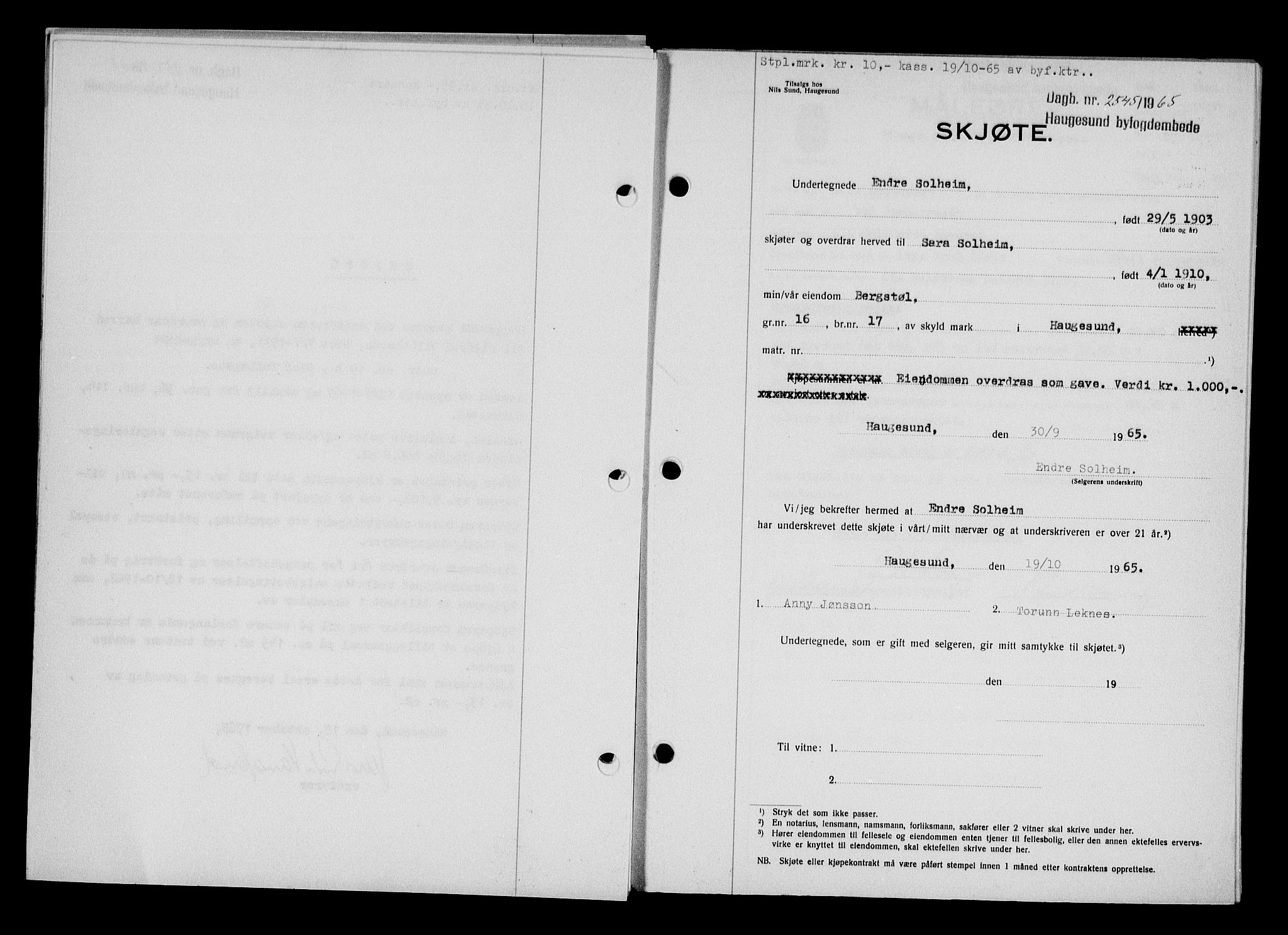 Haugesund tingrett, AV/SAST-A-101415/01/II/IIC/L0076: Pantebok nr. A 17, 1965-1966, Dagboknr: 2545/1965