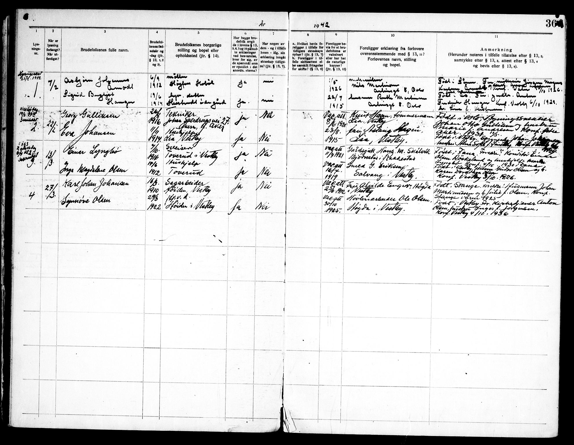 Vestby prestekontor Kirkebøker, AV/SAO-A-10893/H/Ha/L0001: Lysningsprotokoll nr. 1, 1918-1969, s. 36
