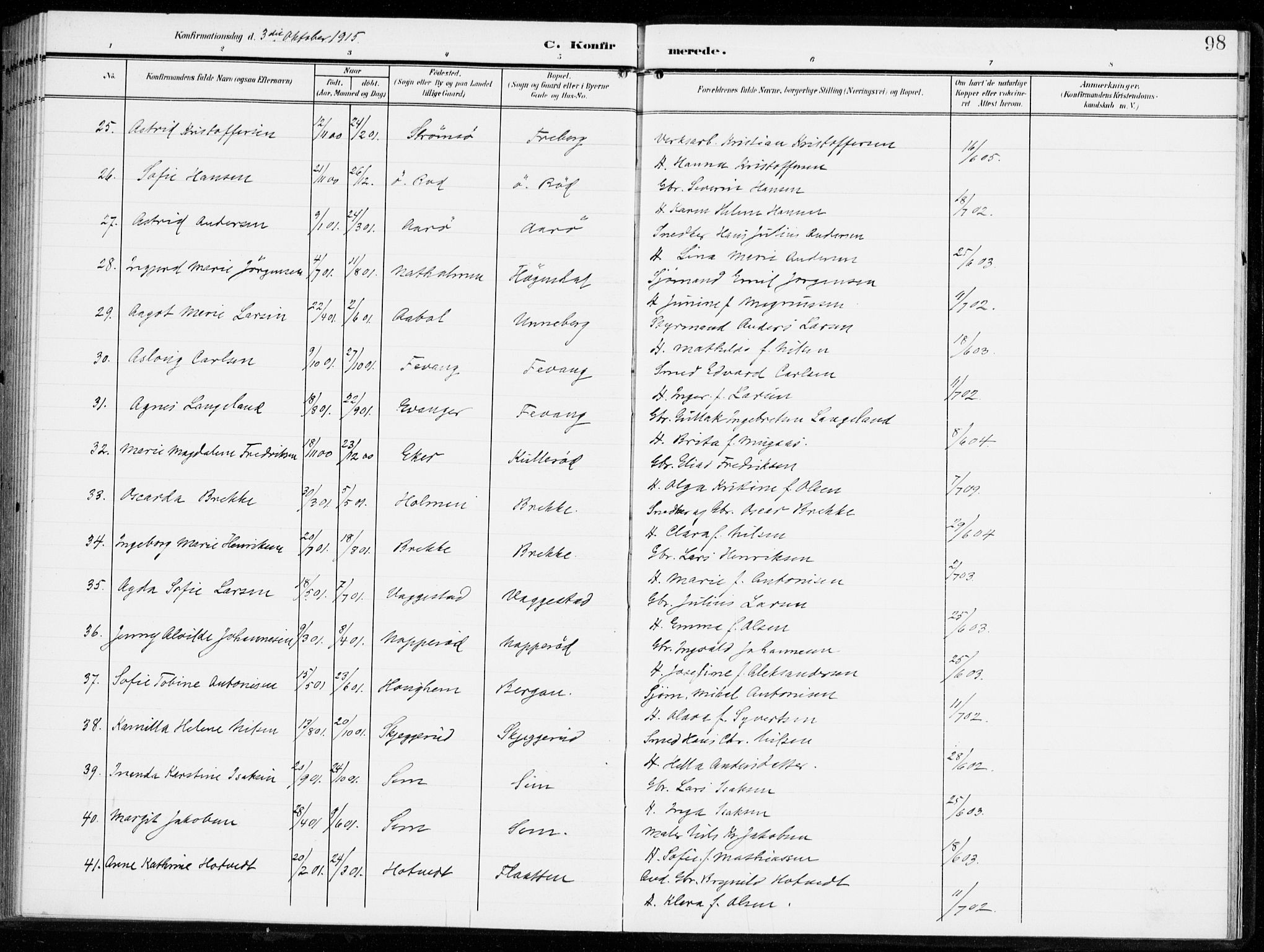 Sandar kirkebøker, AV/SAKO-A-243/F/Fa/L0017: Ministerialbok nr. 17, 1907-1917, s. 98