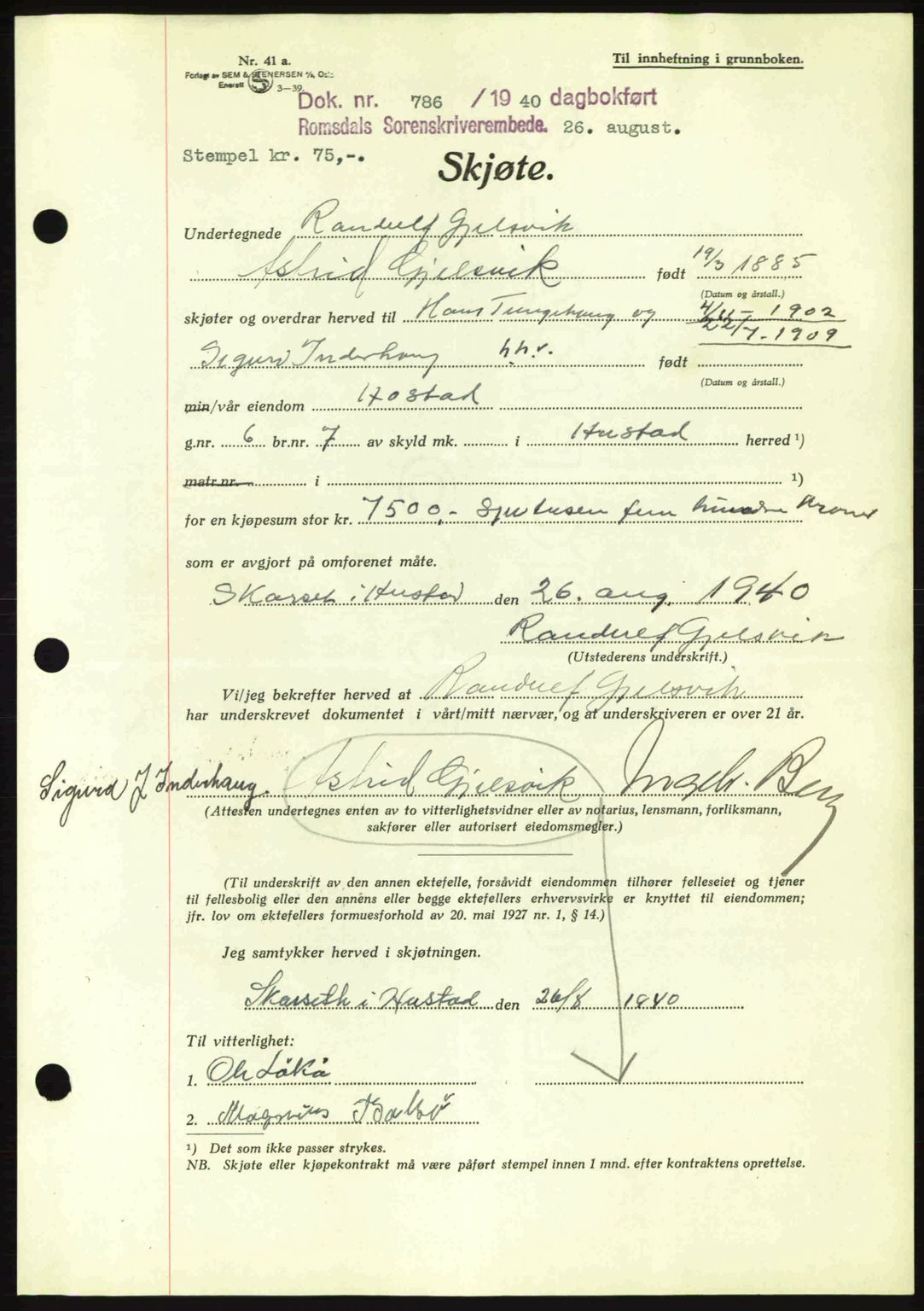 Romsdal sorenskriveri, AV/SAT-A-4149/1/2/2C: Pantebok nr. A8, 1939-1940, Dagboknr: 786/1940